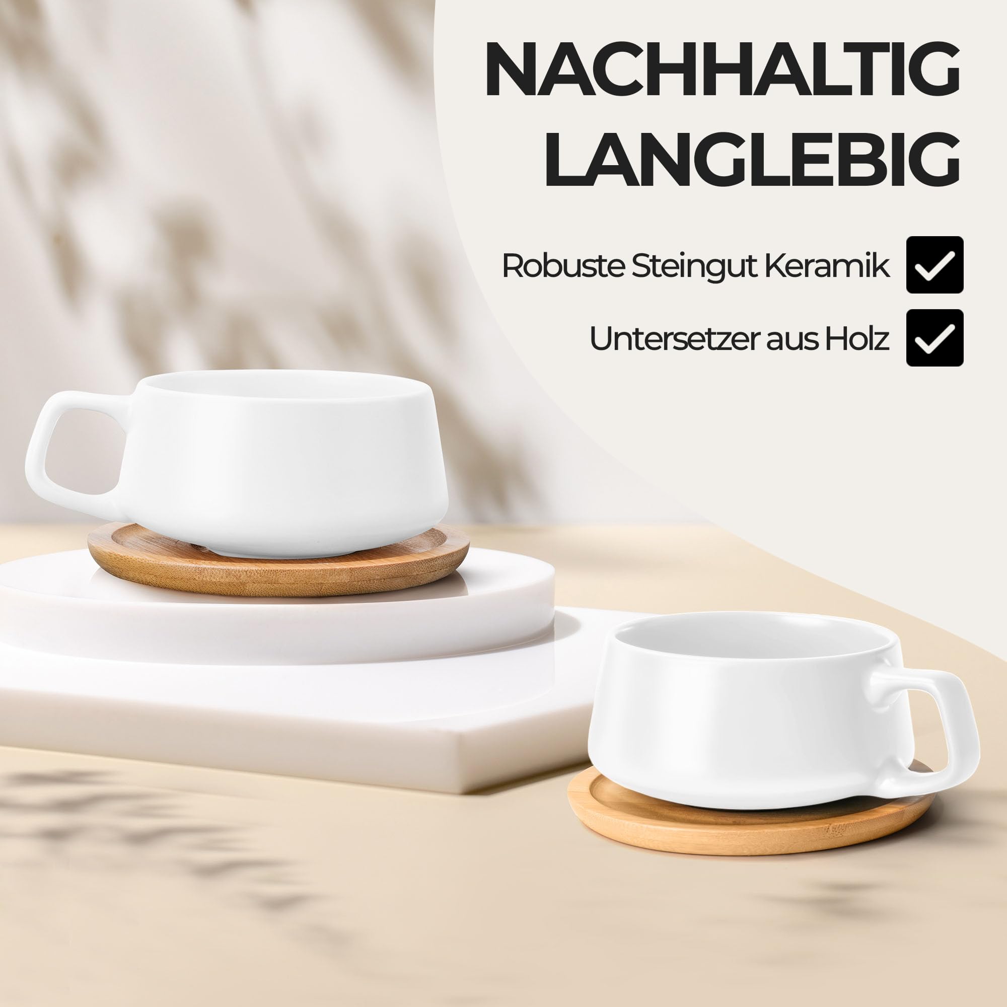MIAMIO - 4 x 320 ml Kaffeetassen/Cappuccino Tassen mit Unterteller/elegant/modern/Kaffeebecher aus Steingut - Luxe Kollektion 4er Set (Cremeweiß)