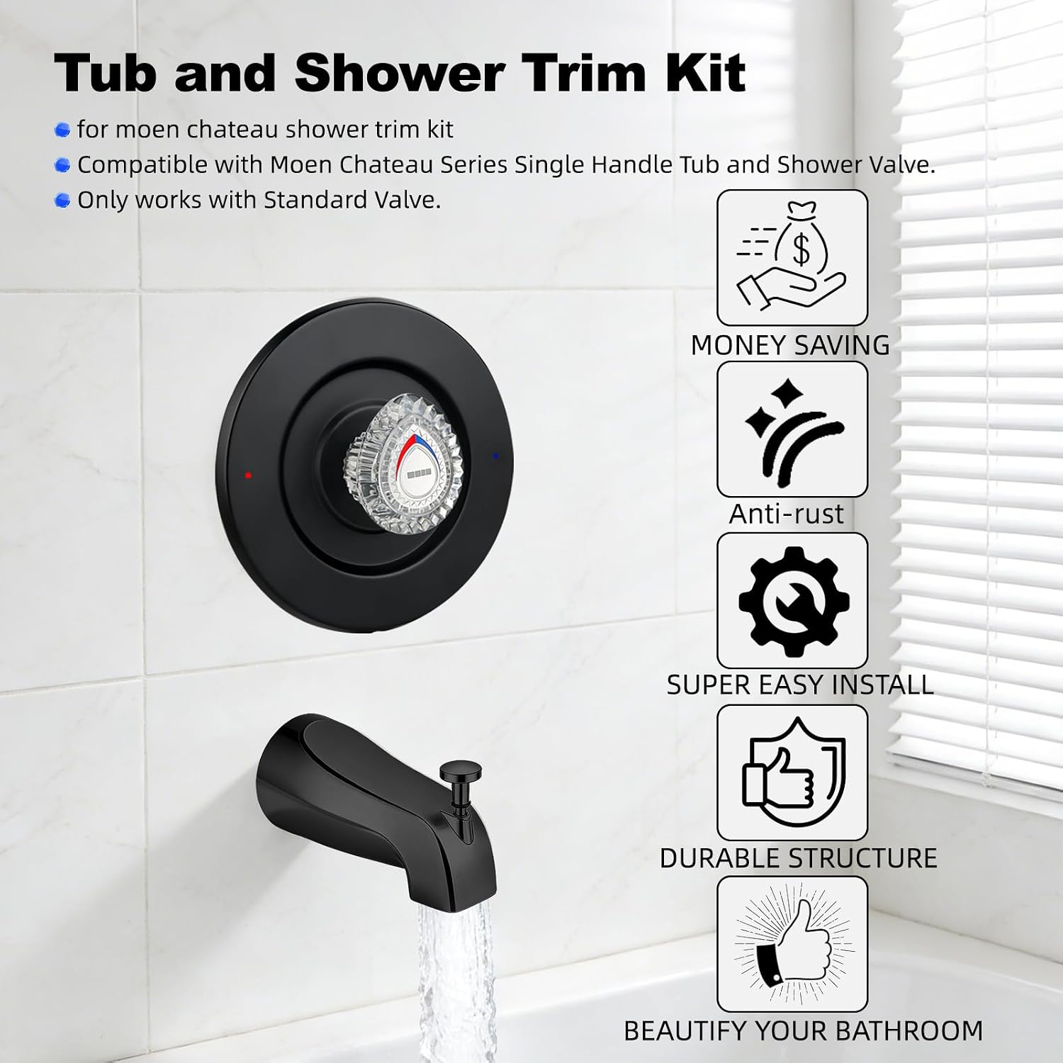 Shower Trim Kit with Tub Spout, Compatible with Moen Chateau T470 Single Handle Tub/Shower Standard Valve, for Moen 1225 Trim Kit, Includes Escutcheon, Tubes, Shower handle and Screws (Matte Black)