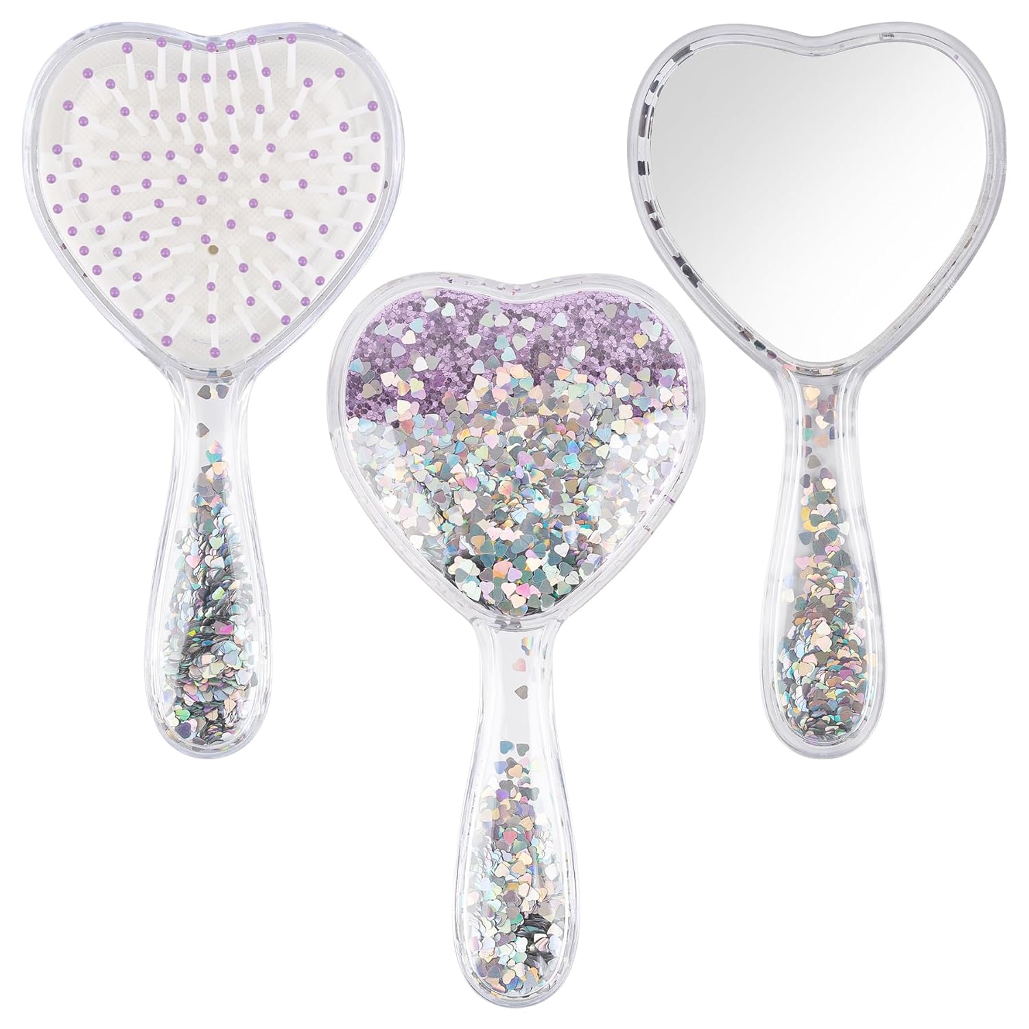 Glitter Rectangle Hair Brush and Sequin Handheld Mirror Set Purple