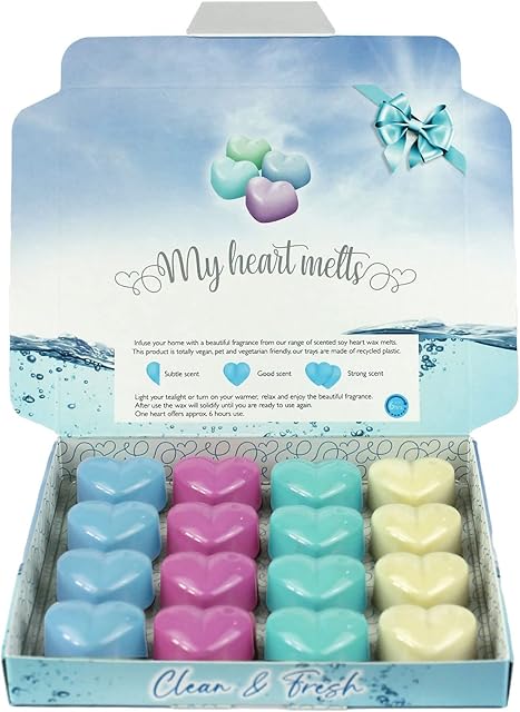Clean and Fresh Mixed Wax Melts: 16 Heart Shaped Melts in a Presentation Gift Box, 4 pcs Each of Fresh Linen, Baby Powder, Fluffy Towels & Snow Pixie
