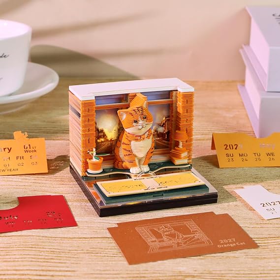 3D Art Calendar 2027, Time Piece Calendar 3D Memo Pad Creative Rip Away Paper Carving DIY Note (Orange Cat)