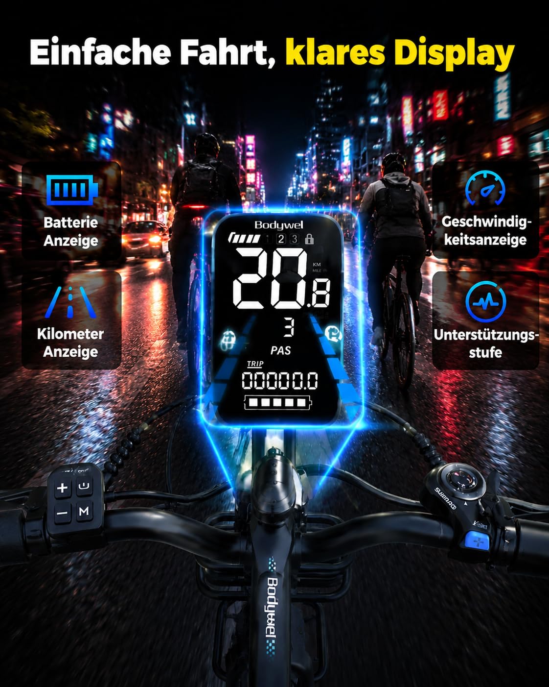 Bodywel A26 E-Bike Herren 26 Zoll 250W Motor 36V 13Ah Akku 50-70km(PAS) Reichweite, 4.5 inch intelligent LED Display mit App, Mechanische Scheibenbremse Stadt EBike