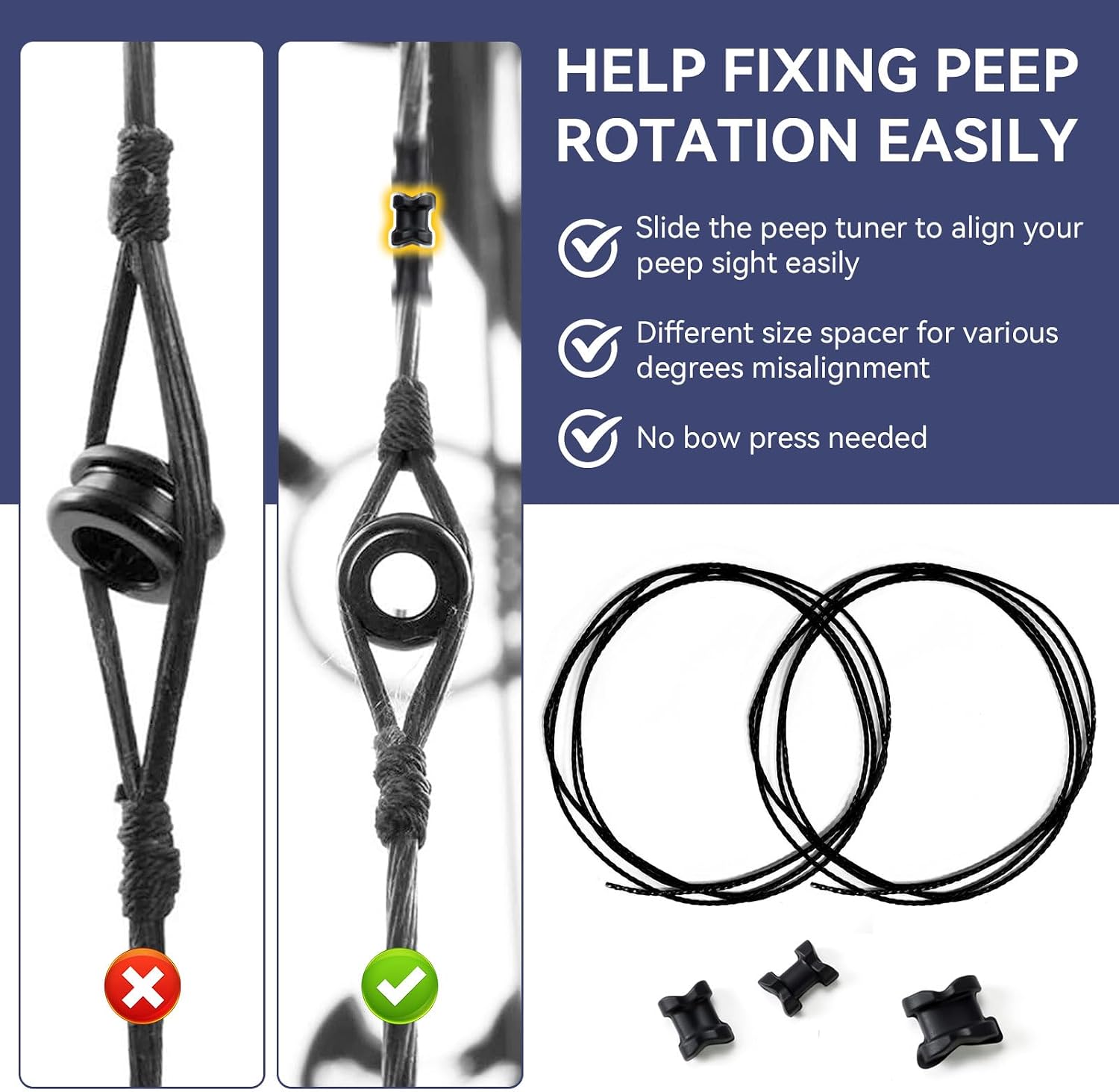 Archery Peep Sight Tuner Replacement for Bowmar Archery Peep Sight Aligner | Fix Peep Rotation Without Bow Press Easy Install Bow String Peep Sight Tuner, Black, 3 Size Per Pack