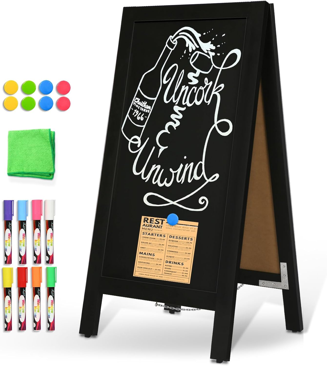 DOLLAR BOSS A Frame Chalkboard Sign 40'' x 20'' Double-Sided Magnetic Sildwalk Sandwich Board Rustic Pine Wood Frame Menu Board for Outdoor, Cafe, Wedding, Business with 8 Markers, Black