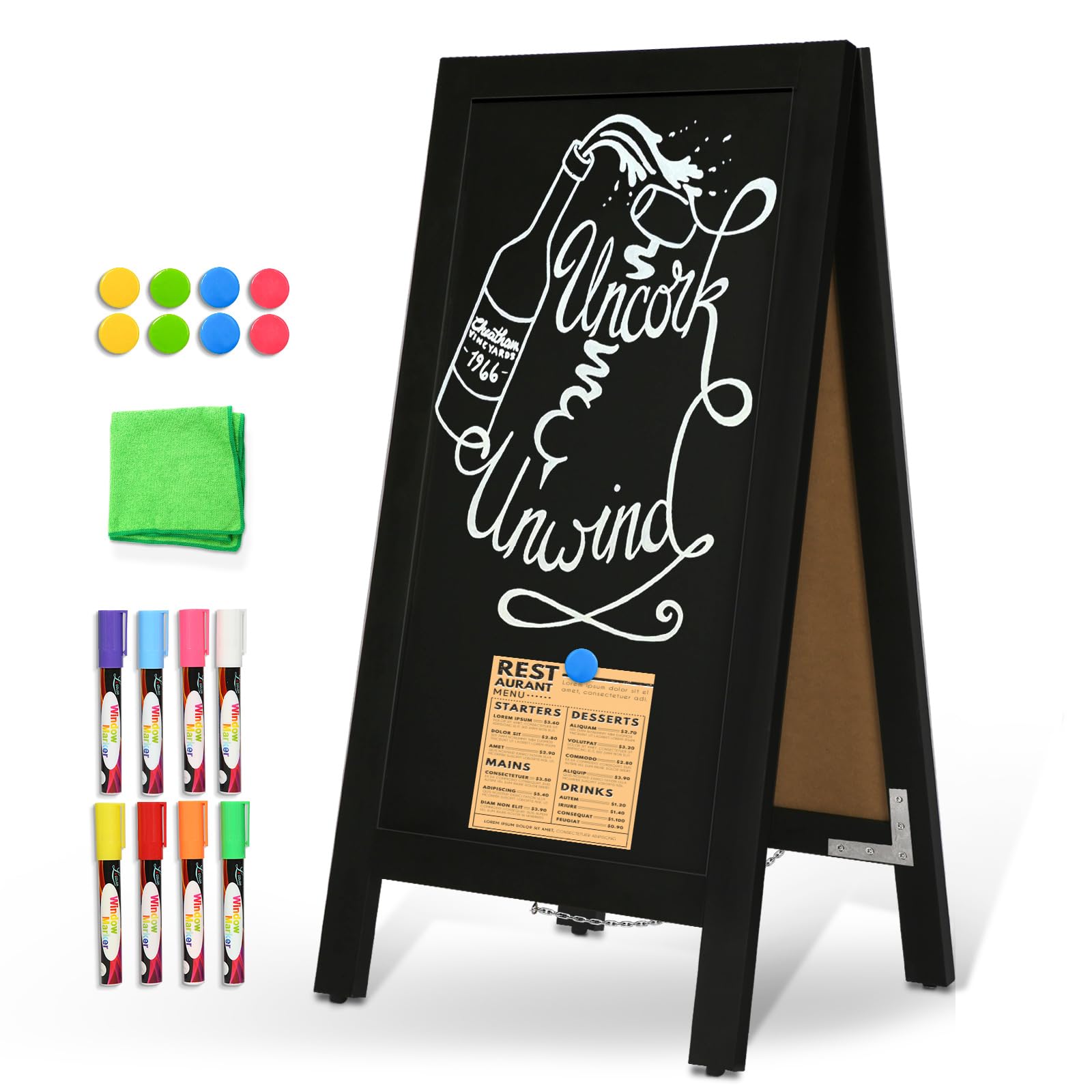 DOLLAR BOSS A Frame Chalkboard Sign 40'' x 20'' Double-Sided Magnetic Sildwalk Sandwich Board Rustic Pine Wood Frame Menu Board for Outdoor, Café, Wedding, Business with 8 Markers, Black