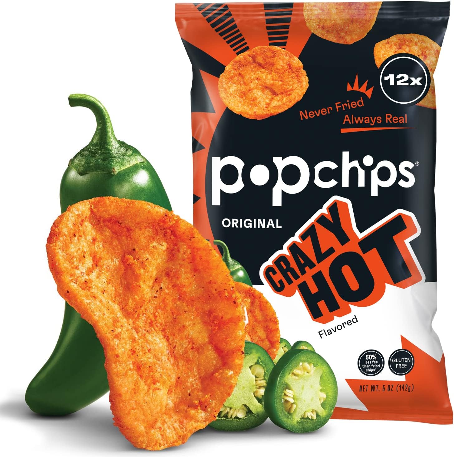 Popchips Potato Chips, Crazy Hot, 4ct 5.0oz Share Bags, Low-Calorie, Kosher and Gluten Free, Salty Snacks for Adults and Children, Never Fried, Only 4g of Fat & 120 Calories Per Serving