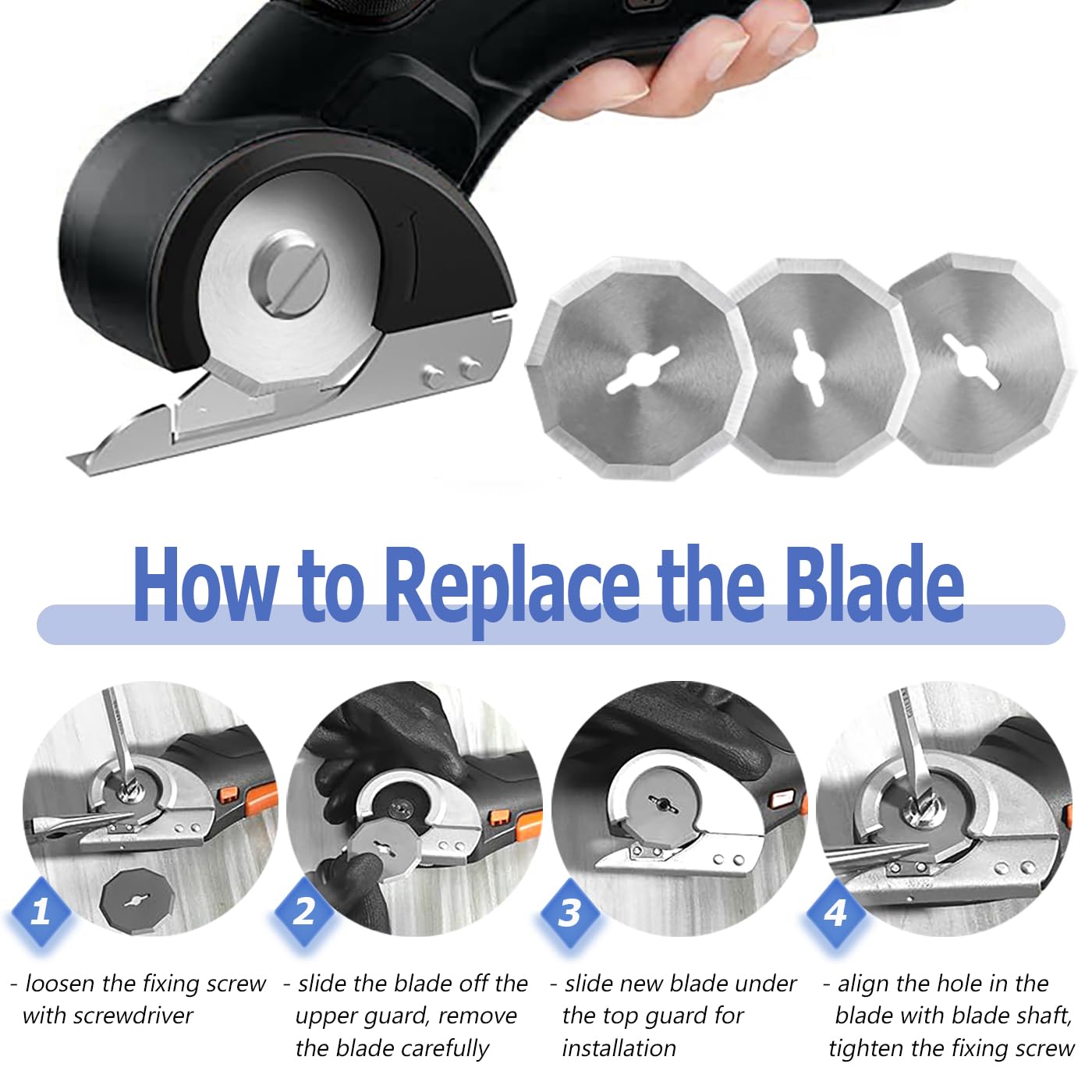 Mesee 3PCS Rotary Cutter Replacement Blades Cordless Electric Scissors Cutting Blades Cardboard Rotary Cutter Blade Refill for Leather Fabric Package Carpet Plastic Box Cutting