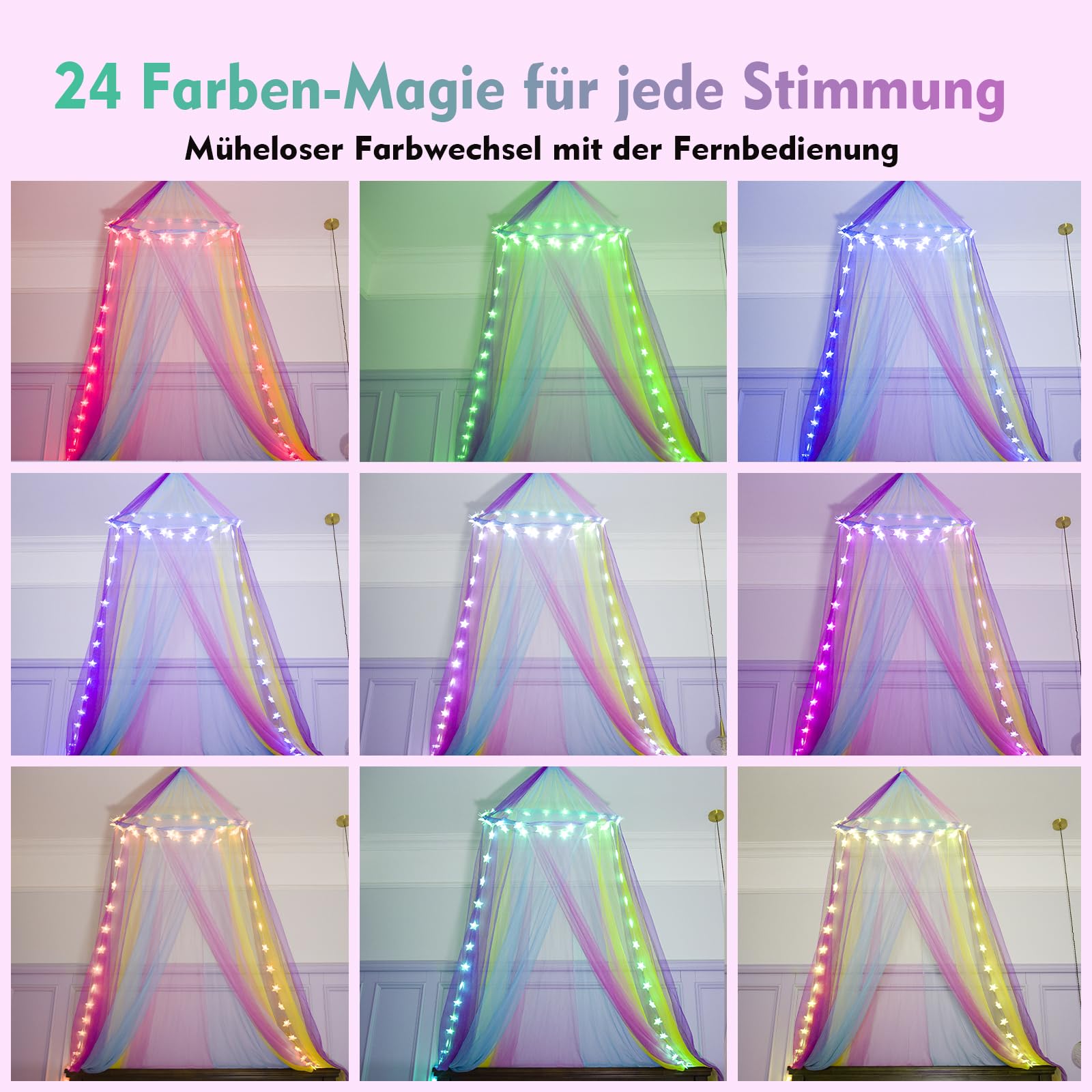 Regenbogen Betthimmel Mädchen mit Lichtern, 24 Farben Himmelbett Vorhänge LED-Stern Fee Lichter Prinzessin Baldachin Remote Timer für Kinderzimmer Zelt Twin Full Queen King Size Bett
