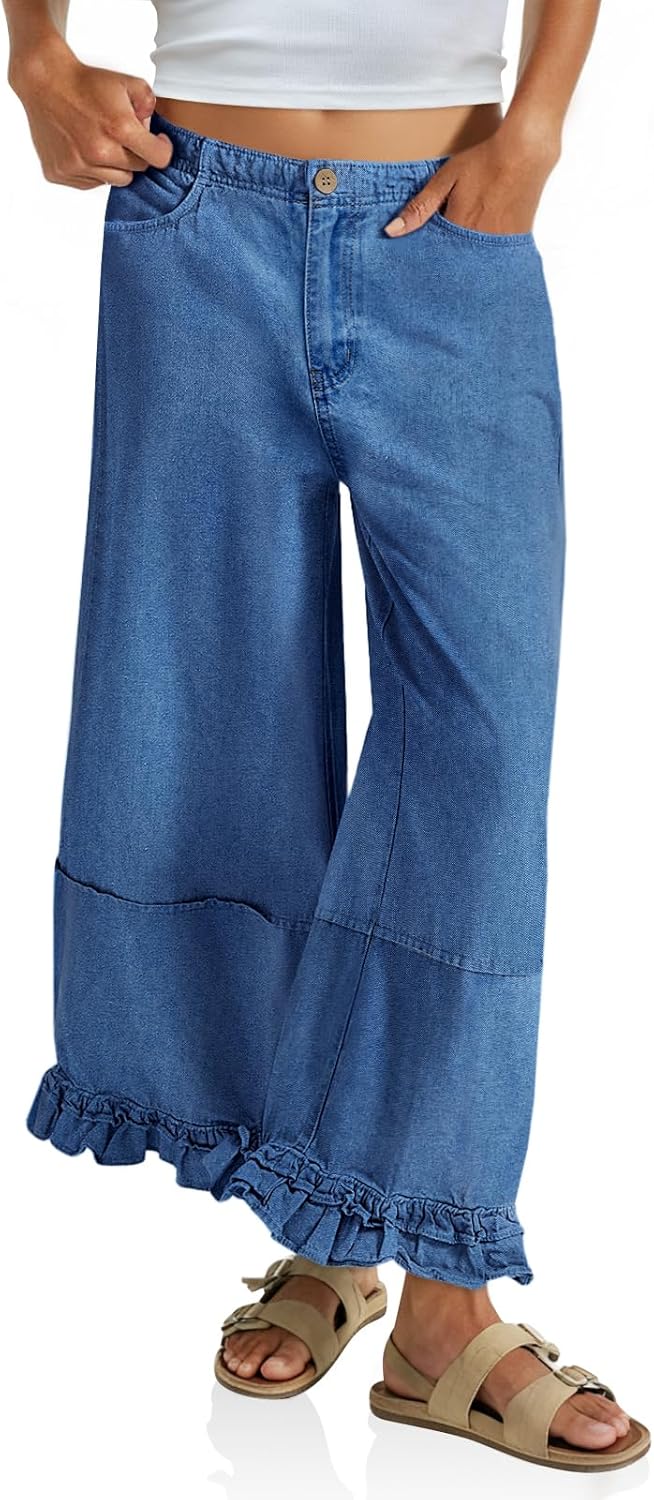 Cicy Bell Womens Ruffle Wide Leg Jeans Cropped Elastic High Waisted Baggy Denim Pants with Pockets