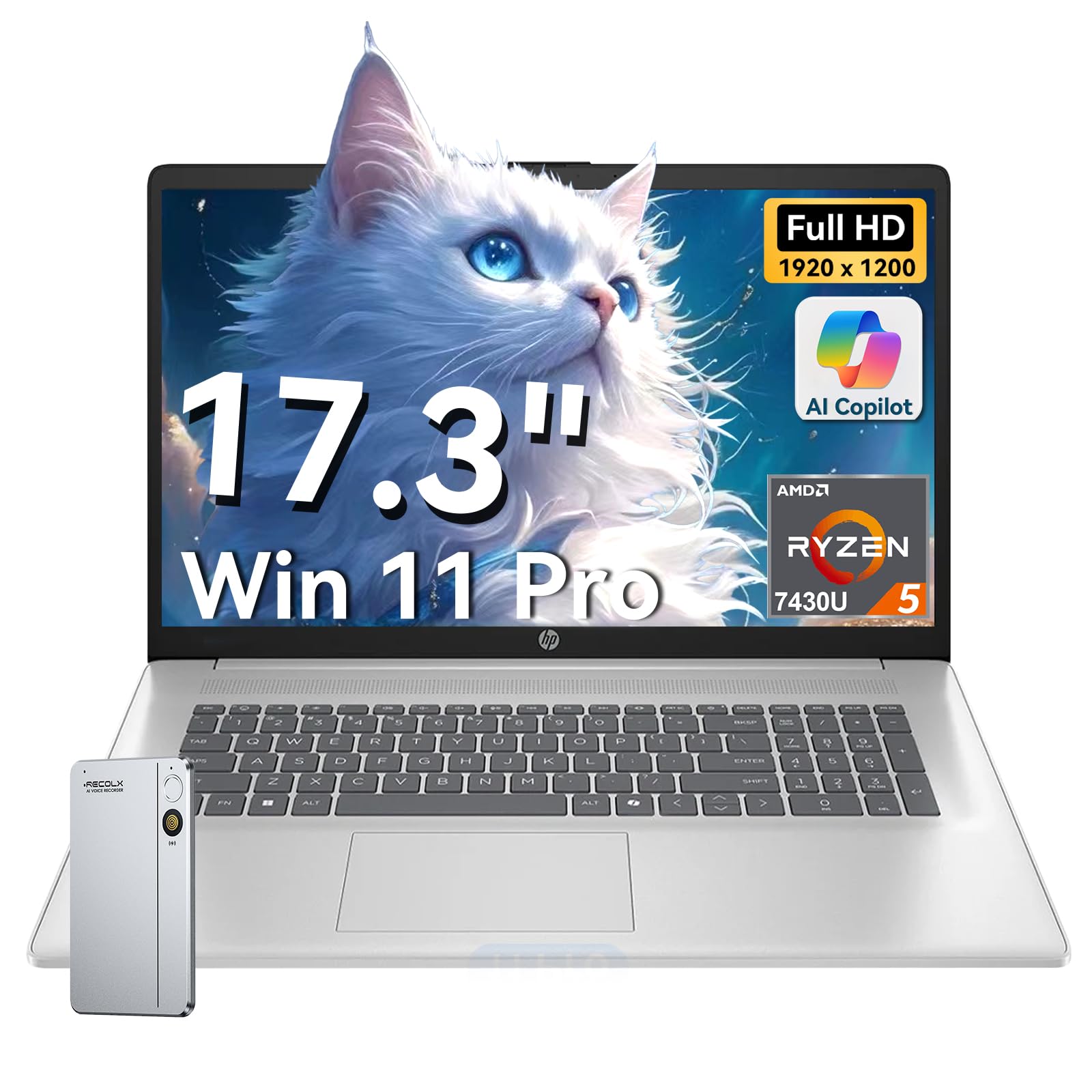 17.3” FHD Business Laptop – AMD Ryzen 5 7430U (4.3GHz Max), 16GB RAM, 512GB SSD, Windows 11 Pro, Long 9.5-Hr Battery, Wi-Fi 6, Type-C, Numeric Pad, Copilot AI, w/AI Voice Recorder