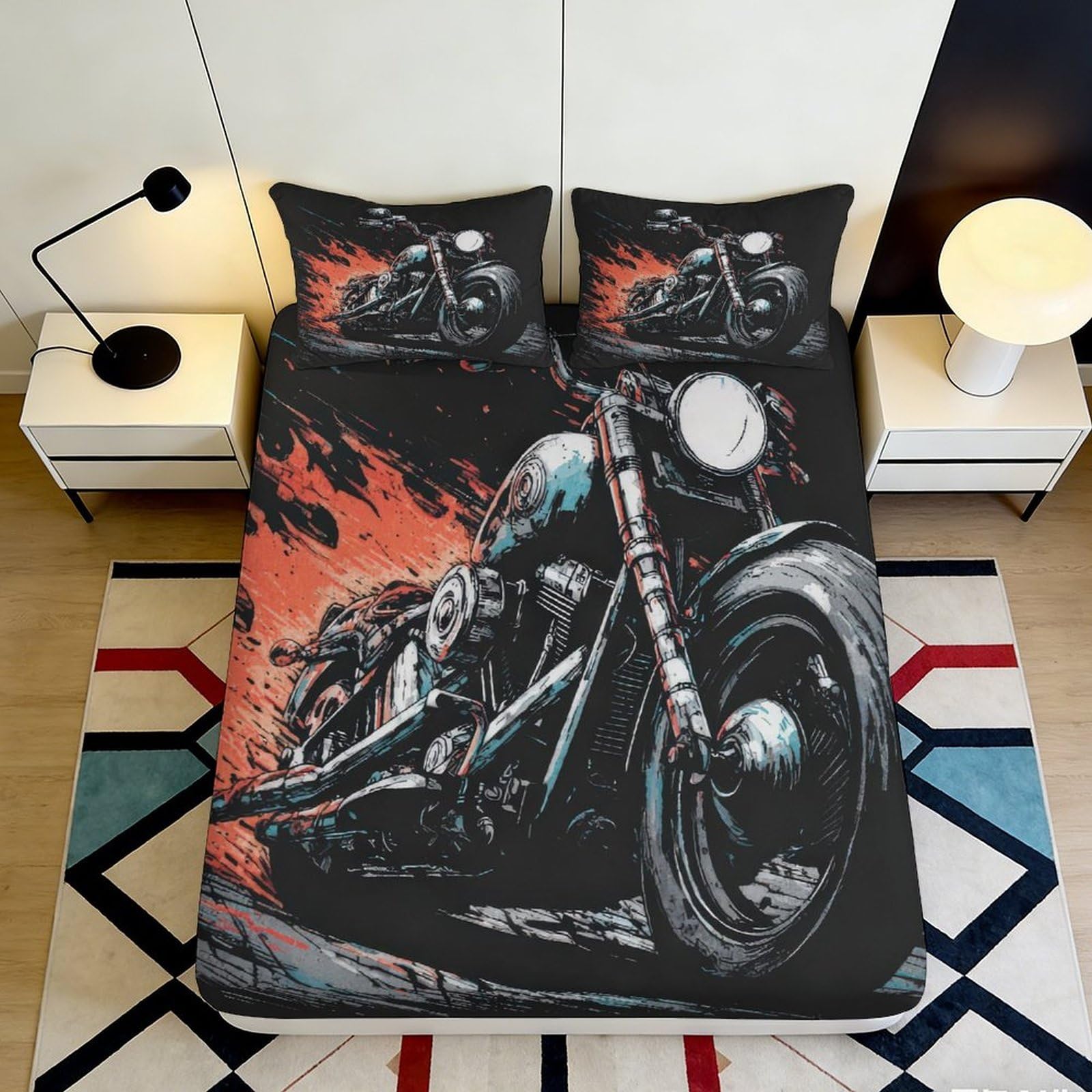 3D Printed Motorcycle Flame Fitted Sheet Microfiber Soft Black Red Bed Cover for Bedroom Guestroom Decor 90x200x25cm