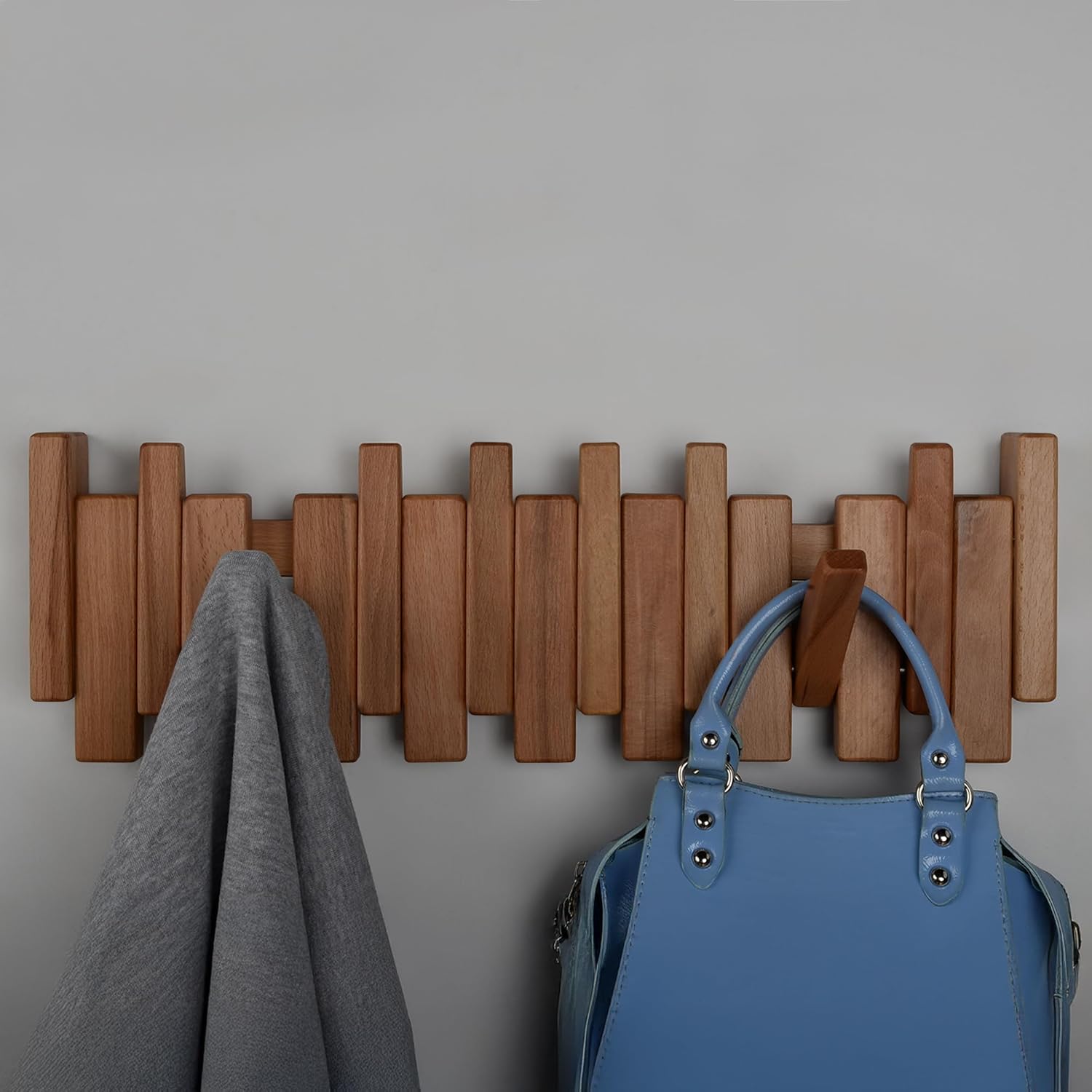 Piano Key Coat Rack – 8-Hook Rack in Solid Beech – Space-Saving Flip Hooks – Entryway Organizer for Coats, Hats, Bags