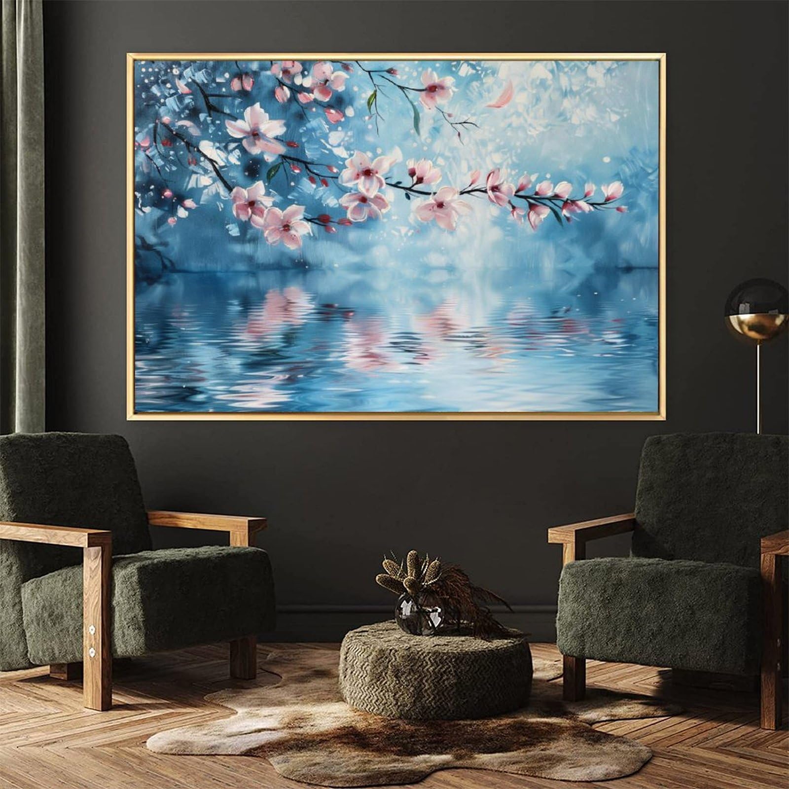 Amazon.co.jp: 絵画 湖に咲く桃の花の油絵 アートパネル