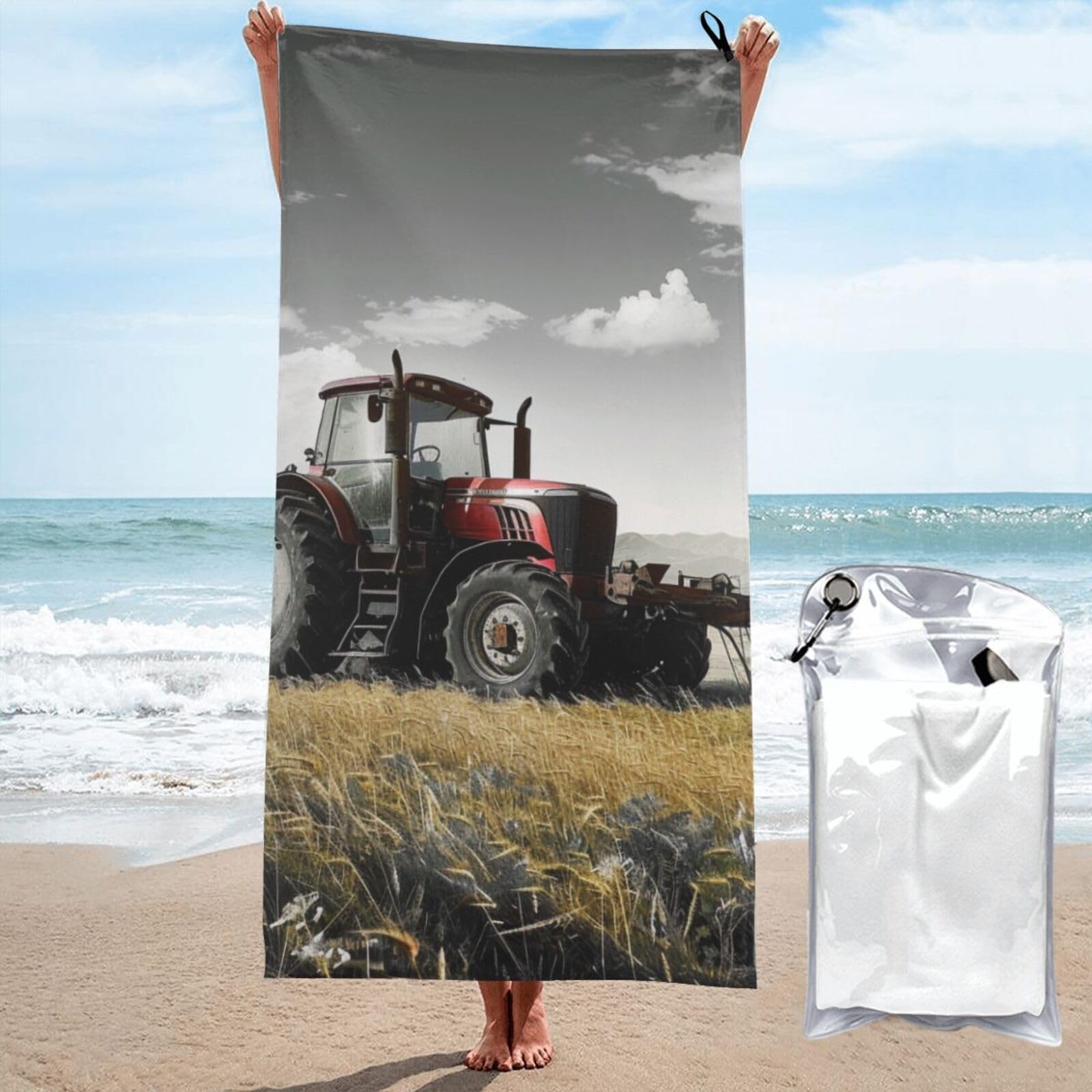 kkvhhyuo Microfiber Beach Towel, Tractor Agriculture Tranquil Printed Lightweight Quick Dry Travel Bath Sheet with Compact Carry Bag for Swimming Yoga Camping Gym,31.5"x63"