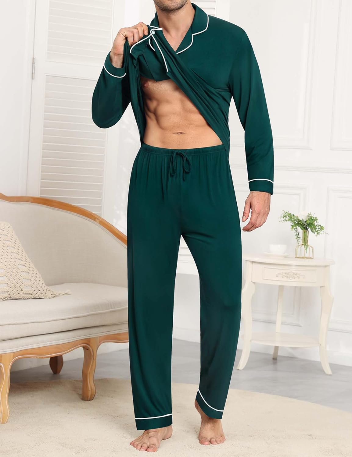 SWOMOG Men Pajamas Sets Long Sleeve Modal Sleepwear Two-Piece Soft PJs Sets Loungewear with Long Pants - Image 2