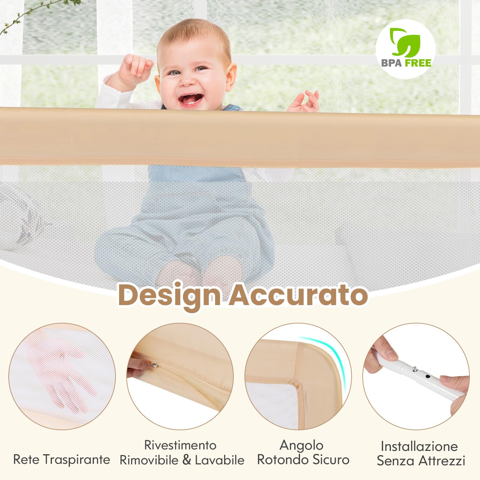 COSTWAY 150 cm Sponda da Letto per Bambini, Barra Protettiva Pieghevole per Letto con Copertura Removibile, Rete Traspirante, Barriera Universale Abbattibile, 150 x 55 cm (Beige)