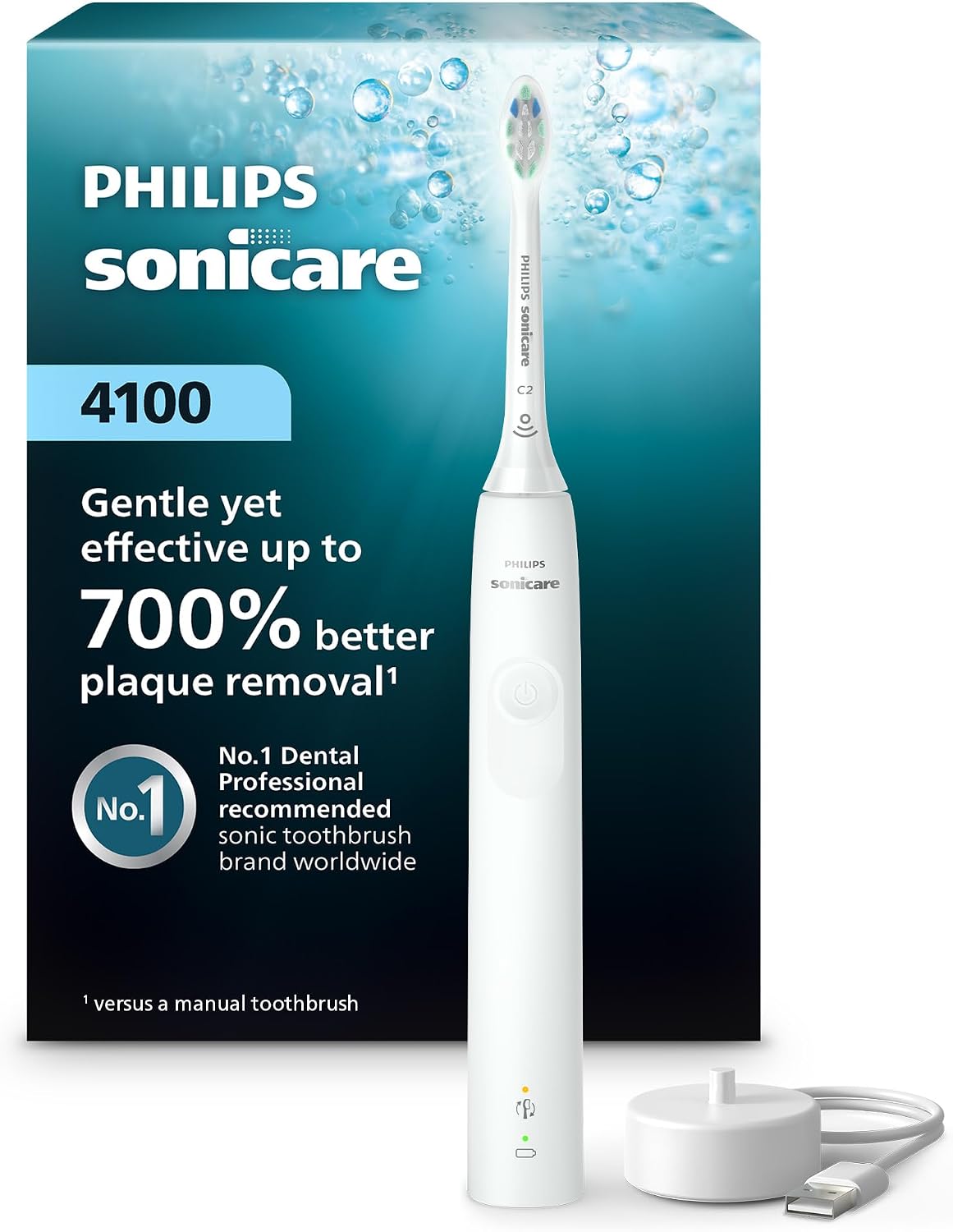 4100 Rechargeable Electric Toothbrush, 1 Brush Head, White | 700% More Plaque Removal¹, Pressure Sensor, 2 Brush Settings, 2-Minute Guided Timer, 14-Day Battery, HX3681/23