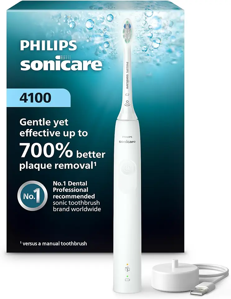 Philips Sonicare Escova de dentes elétrica recarregável 4100, com sensor de pressão, 2 configurações de intensidade, SmarTimer e QuadPacer, vida útil da bateria de 14 dias, branca, modelo HX3681/23
