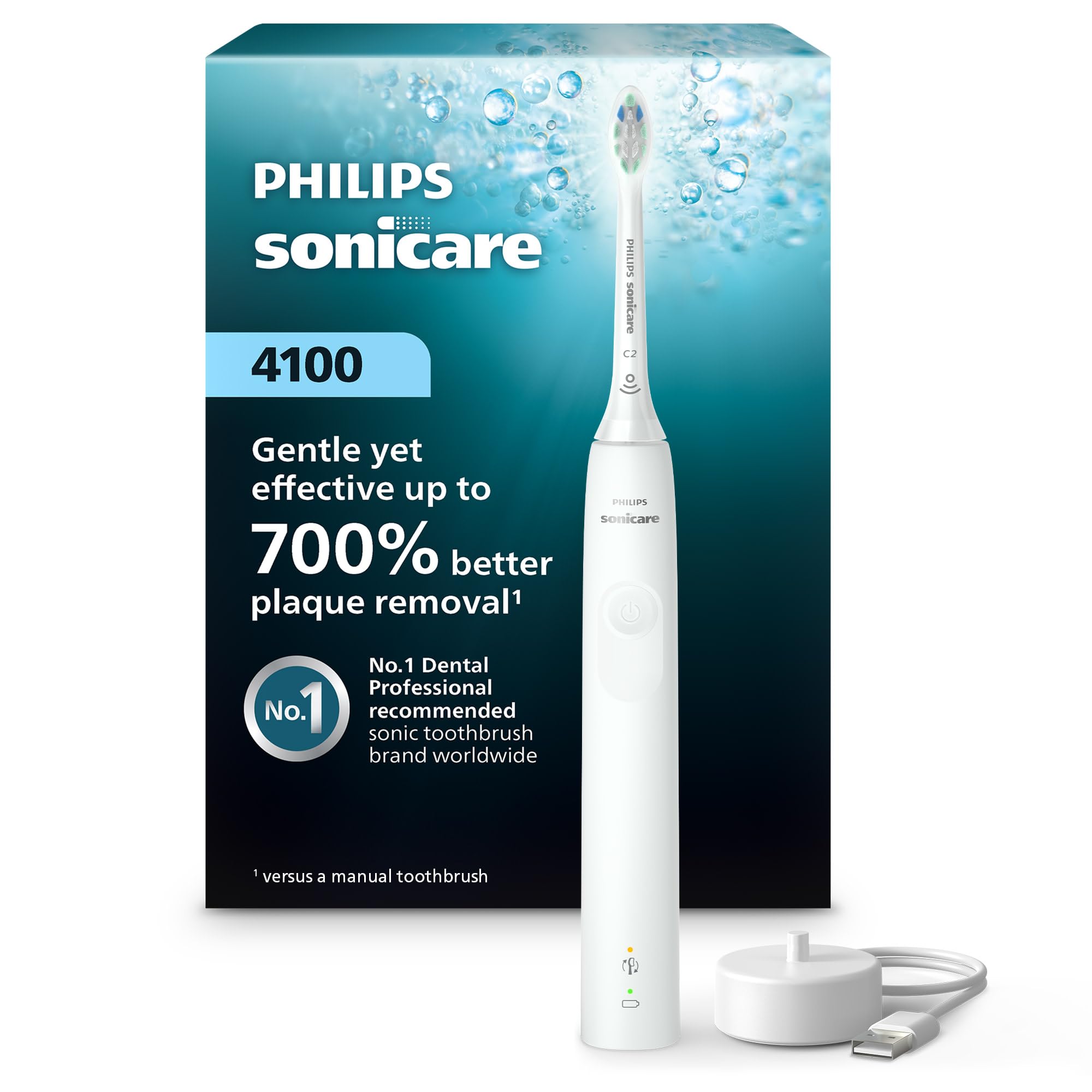 Philips Sonicare 4100 Series Electric Toothbrush - Sonic Toothbrush with Advanced Sonic Technology, Pressure Sensor, Two Intensity Settings, Smartimer & Quadpacer, White, Model HX3681/23