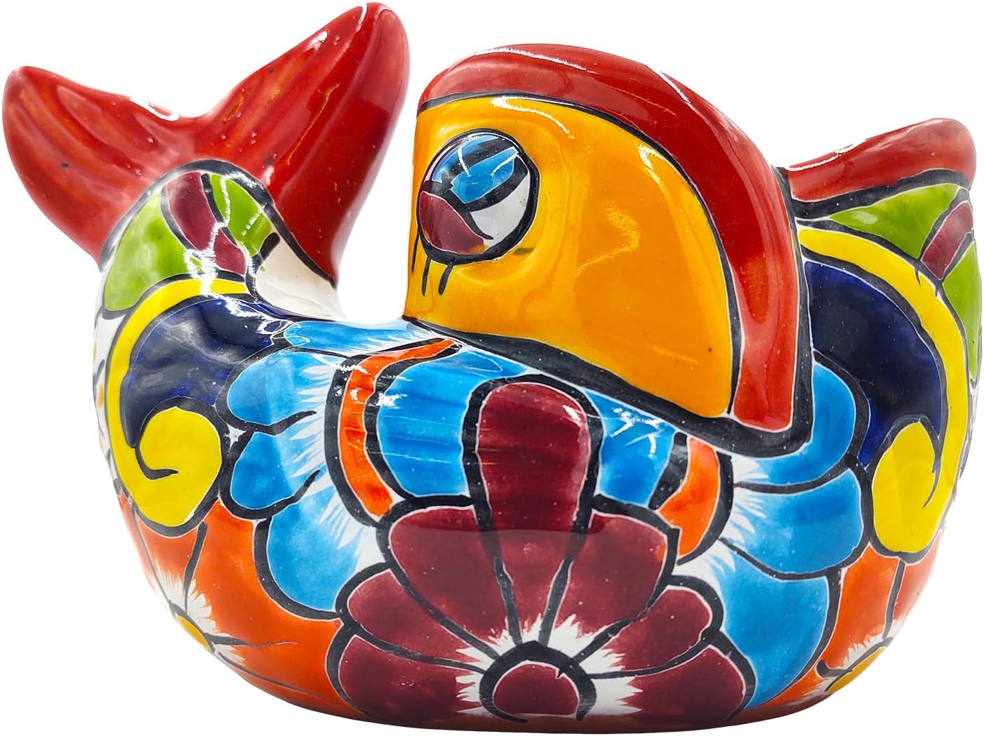 Cactus Canyon Ceramics PESCADO Bonsai (Fish) Mexican Talavera Planter Pot (10.5" L x 6" W x 8" H) Hand Painted - RED Trim - Mexican Decor Marine Life Planter