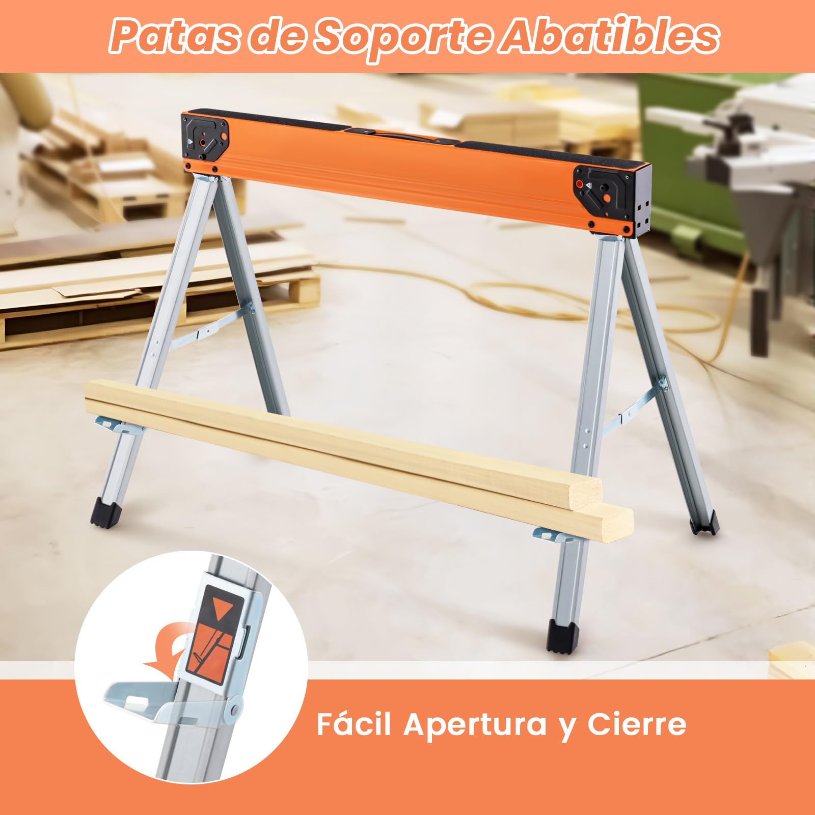 GOPLUS Juego de 2 Caballetes de Sierra Plegables con Capacidad de Carga 500 KG, Superficie y Patas Antideslizante, Ganchos para Madera, Caballete de Metal Portátil para Serrar (106 x 59 x 76 cm)