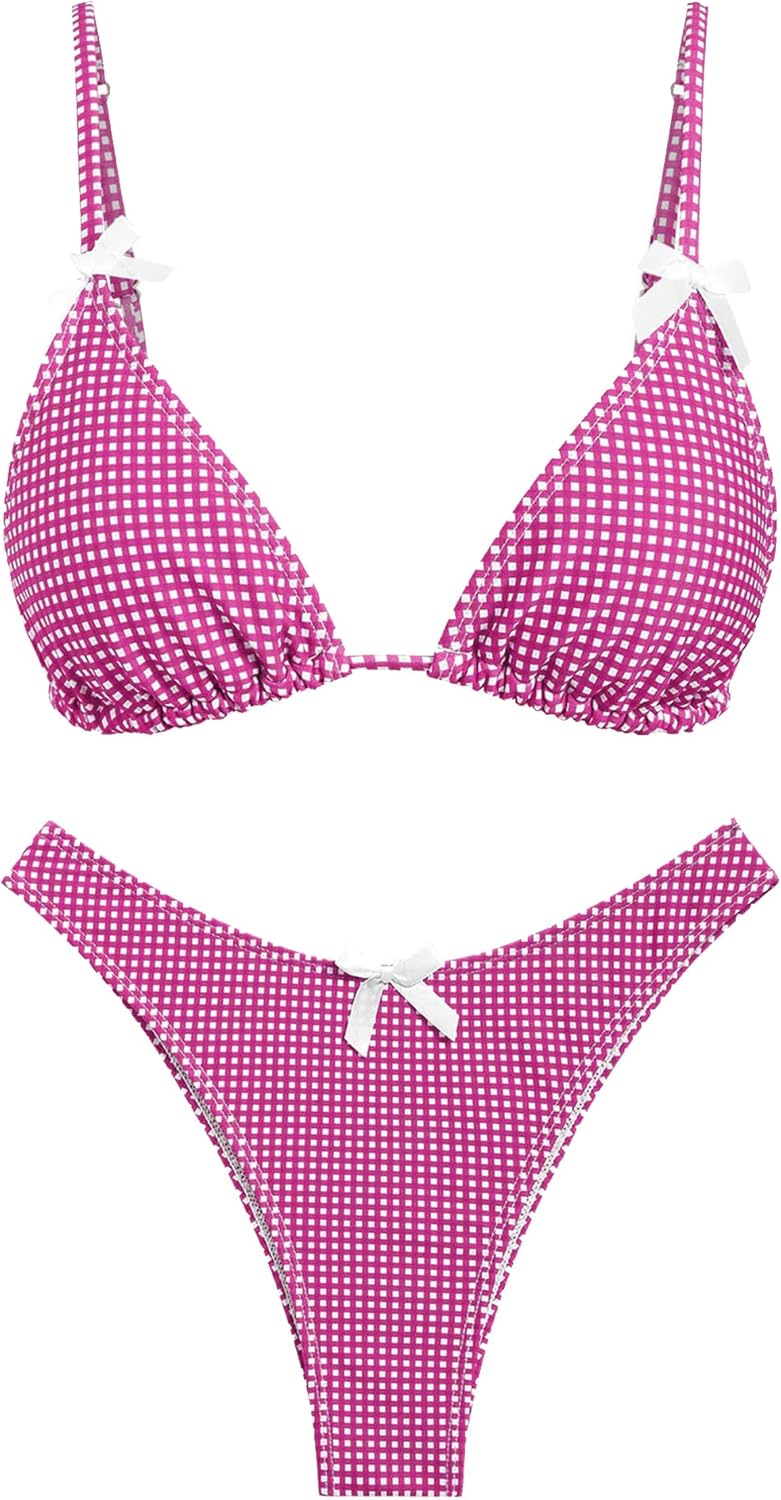 seamoly Women's Bikini Sets Tie Back Bowknot Two Piece Swimsuits Triangle Thong Bathing Suit Gingham Floral Cherry Printing