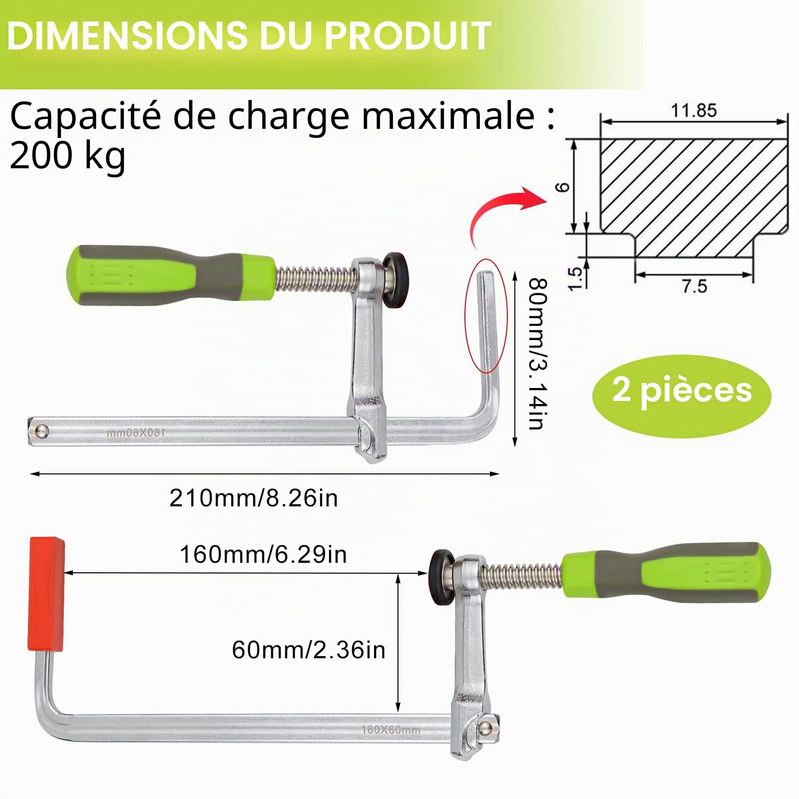2 Pièces Serre Joints en Table F, 60 mm x 160 mm Rapide Menuisier, Serre Joint Rail de Guidage | Force de Serrage : 200 kg
