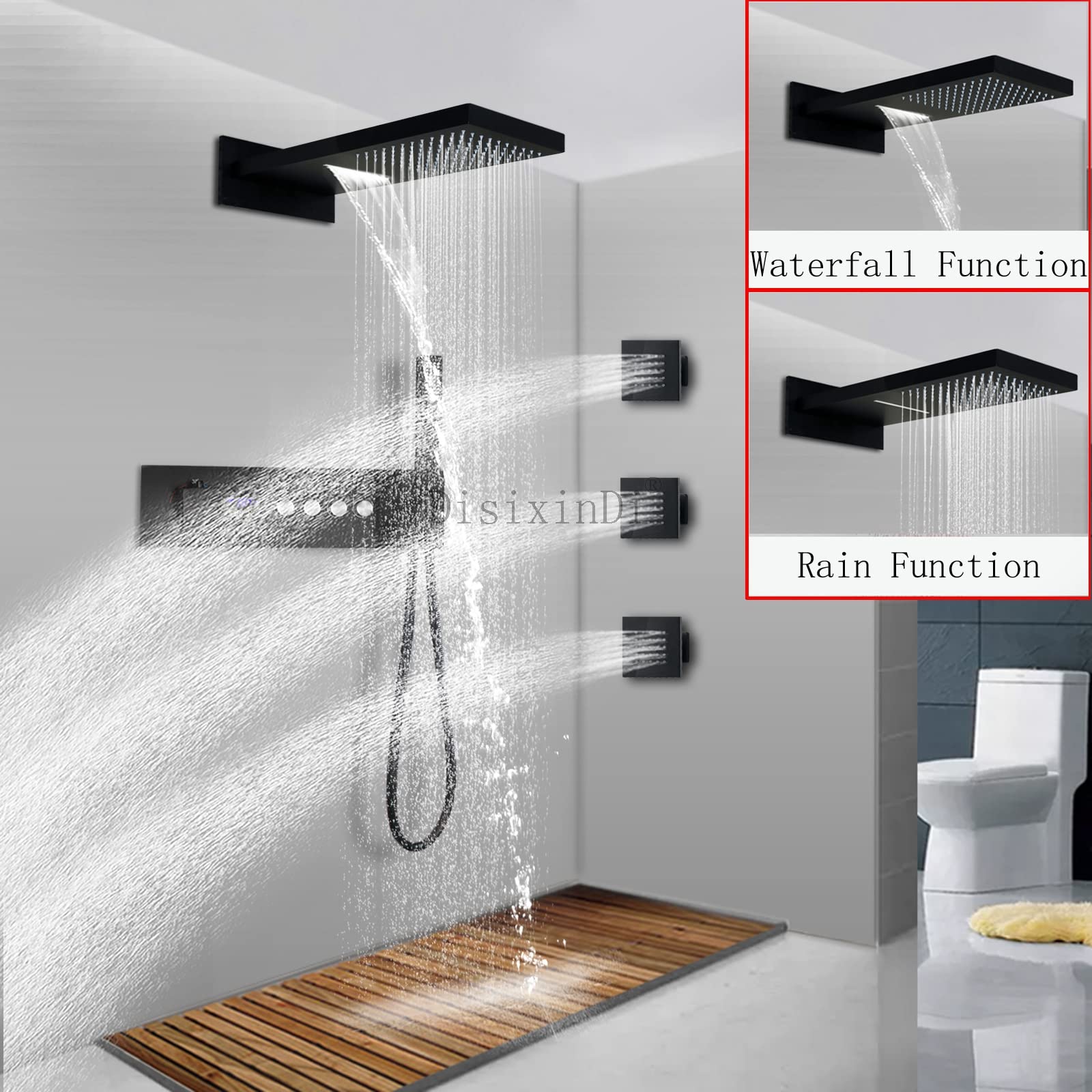 DisixinDi Matte Black Waterfall Rain Shower Head System With