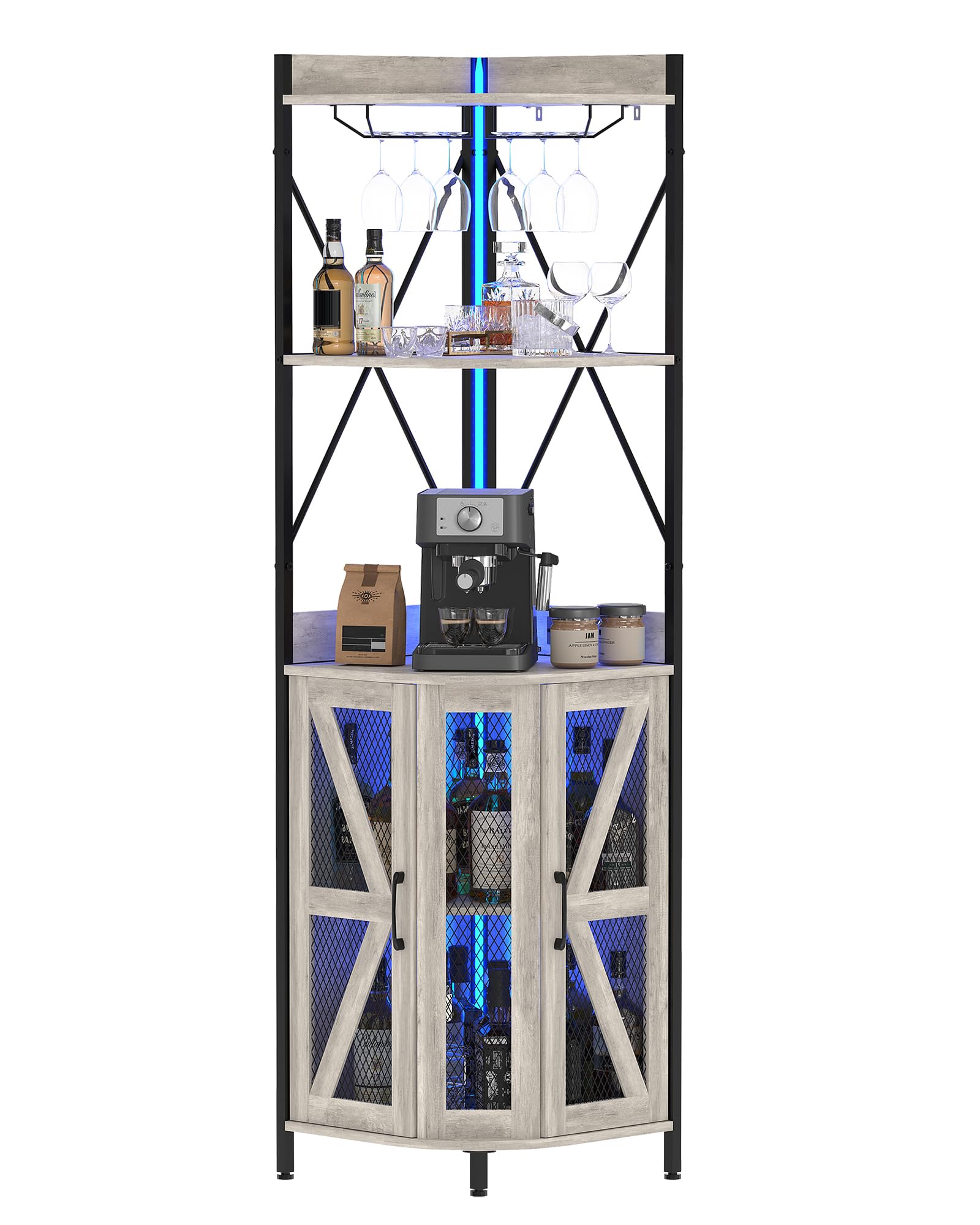 Mobile angolare portabottiglie a 5 ripiani con luci LED e presa integrata – Design industriale rustico in MDF e metallo con porta rete – Portabicchieri e struttura pieghevole salvaspazio –