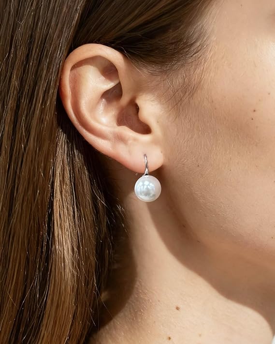 925 Sterling Silver Pearl Drop Earrings for Women - Hypoallergenic White Grey Pearl Earrings Dangle Earrings for Women Wedding 10mm/12mm