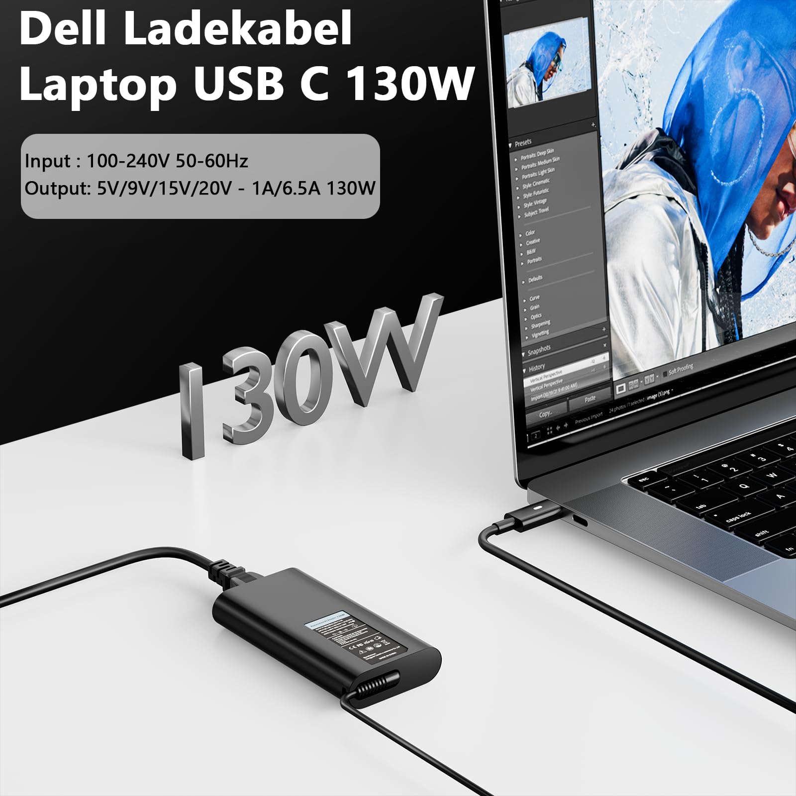 130W USB C Chargeur pour Dell XPS 15 16 17 9500 9510 9520 9530 9640 9700 9710 9720 9730 9575(2-in-1), Latitude 5401 5411 5421 5431 5501 5511 5520 5521 5531, Inspiron 16 7620 7630 7640, Pro Max 14/16