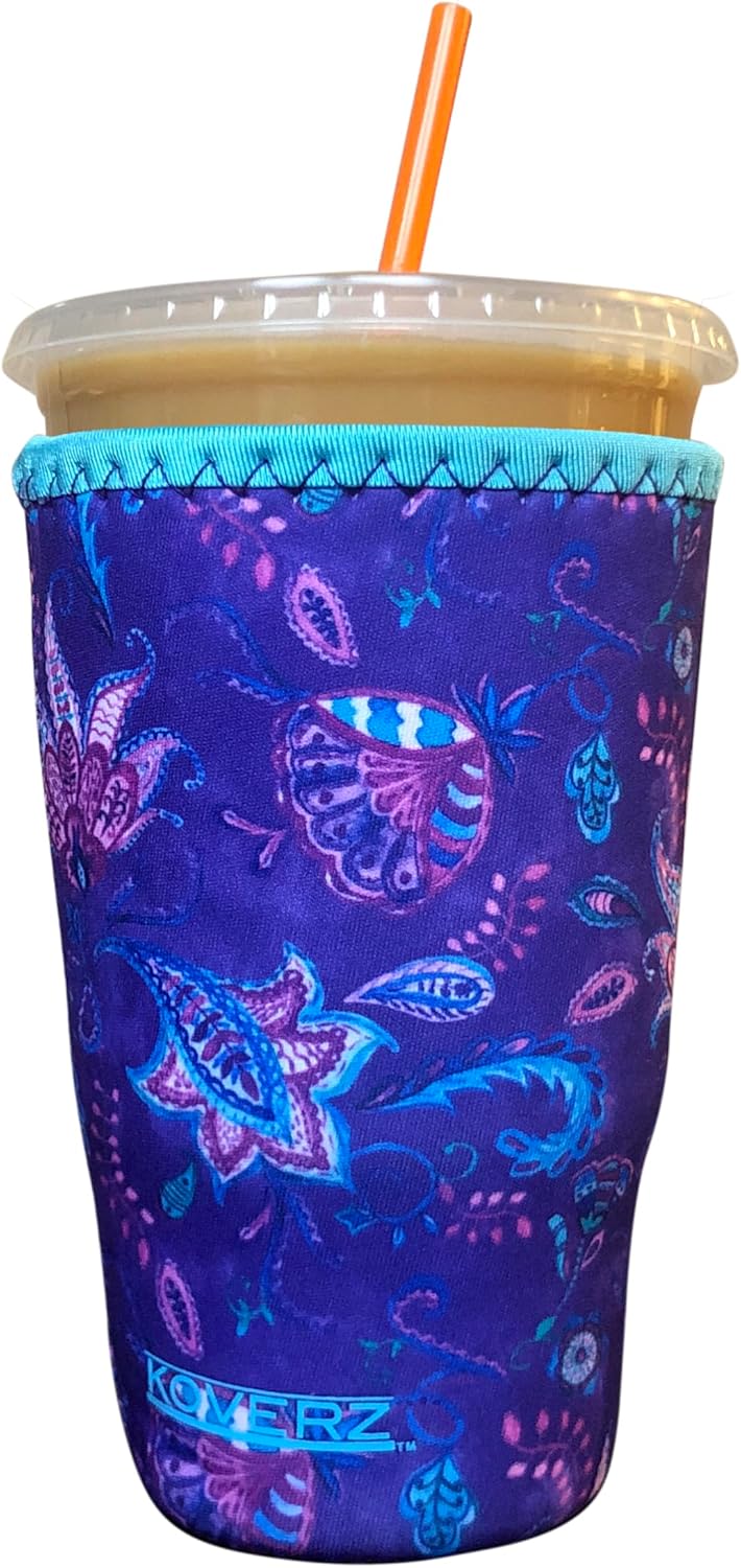Koverz Iced Coffee Sleeve, Insulated Neoprene Cup Sleeve, Fits a 32 Oz. Coffee Cup, Washable and Reusable, Iced Coffee Accessories, Large Violet Whimsy