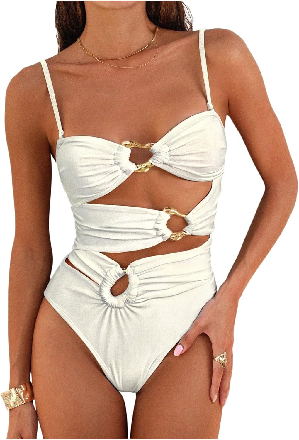 OYOANGLE Women's One Piece Swimsuit Metal Ring Linked Cut Out Bathing Suits Swimwear