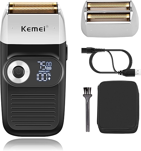 Kemei Barbeador Elétrico Profissional Foil para Homens Navalha com Aparador Careca Barbeador Sem Fio Recarregável Display LED 2 em 1