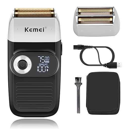 Kemei Barbeador Elétrico Profissional Foil para Homens Navalha com Aparador Careca Barbeador Sem Fio Recarregável Display LED 2 em 1