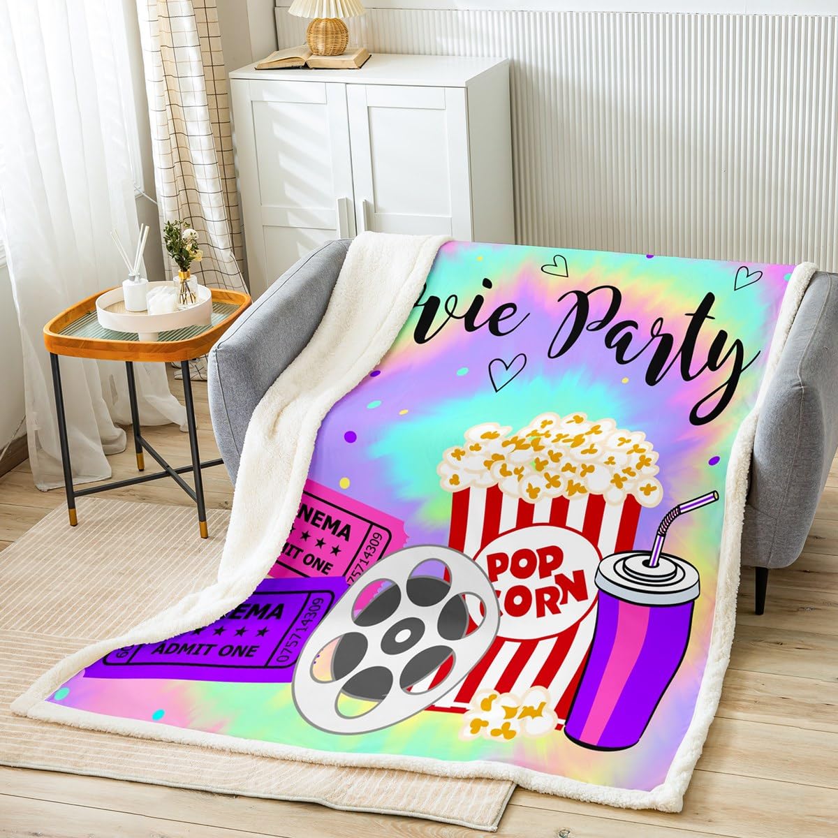 Movie Theater Decor Sherpa Blanket Movie Ticket Fleece Throw Blanket for Kids Boys Girls Decor Movie Night Plush Blanket Microfiber Popcorn Colorful Fuzzy Blanket Bedroom Single 50x60 Inch