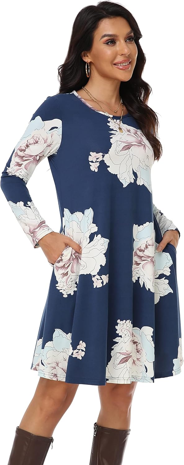 VintageClothing Women's Casual T Shirt Dresses Long Sleeve Loose Swing Dress with Pockets - Image 4