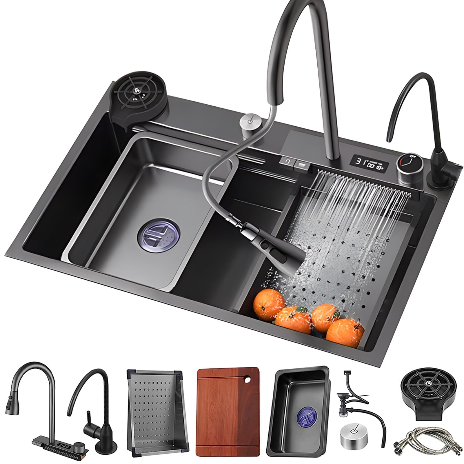 Évier de cuisine cascade intelligent et silencieux avec accessoires complets