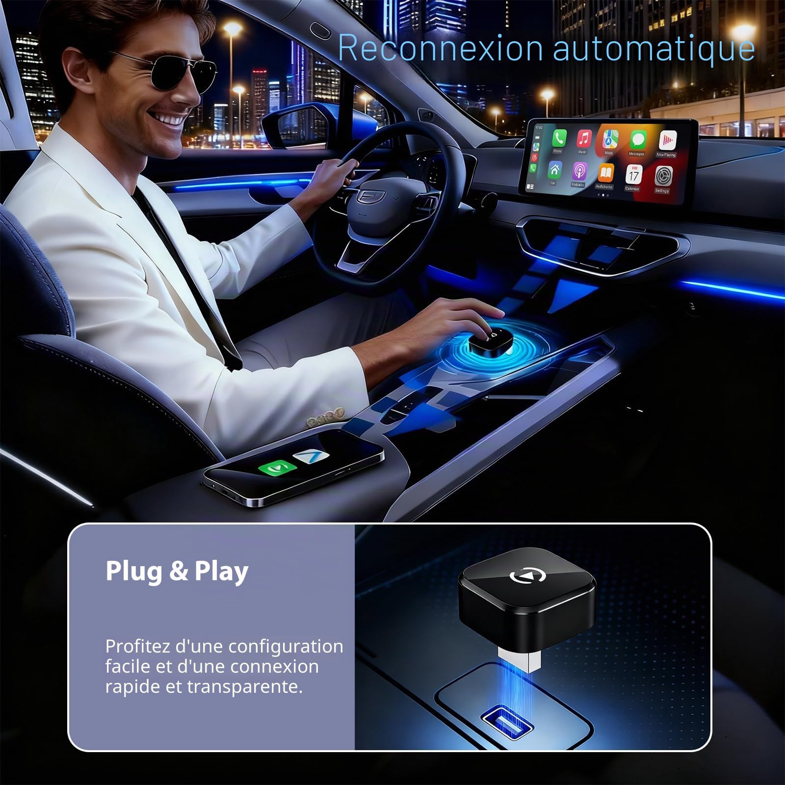 Sunweyer S41 Adaptateur Automatique sans Fil CarPlay et Android en Forme de L : Mise à Niveau Filaire vers sans Fil, Design Compact de Moins de 2 cm pour Voitures filaires d'usine (L Noire)