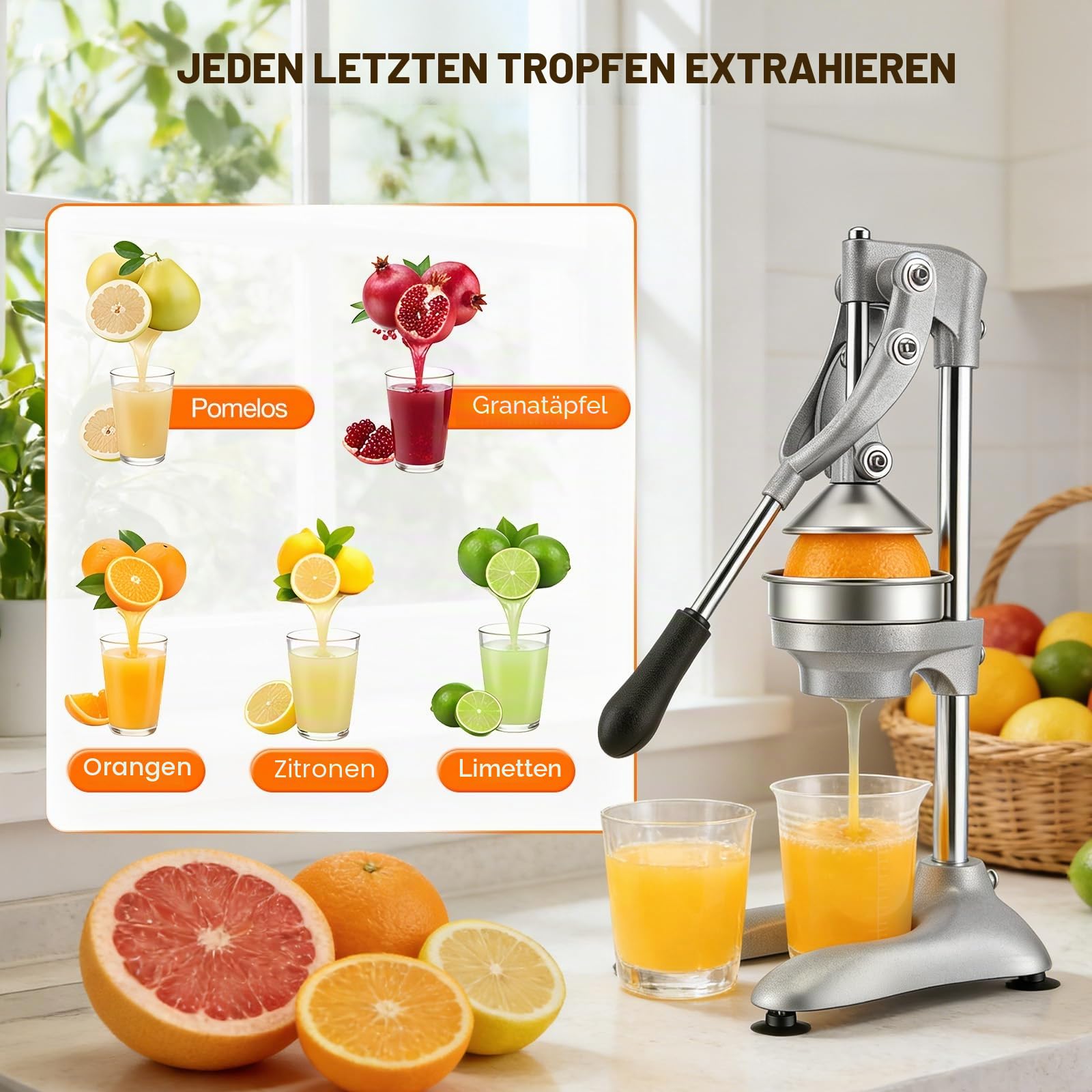 Saftpresse Manuell, professionelle Zitruspresse aus 304 Edelstahl, Hebelfruchtpresse mit 2 Pressköpfen, Orangenpresse Handpresse für Orangen, Zitronen, Granatäpfel, Grapefruits