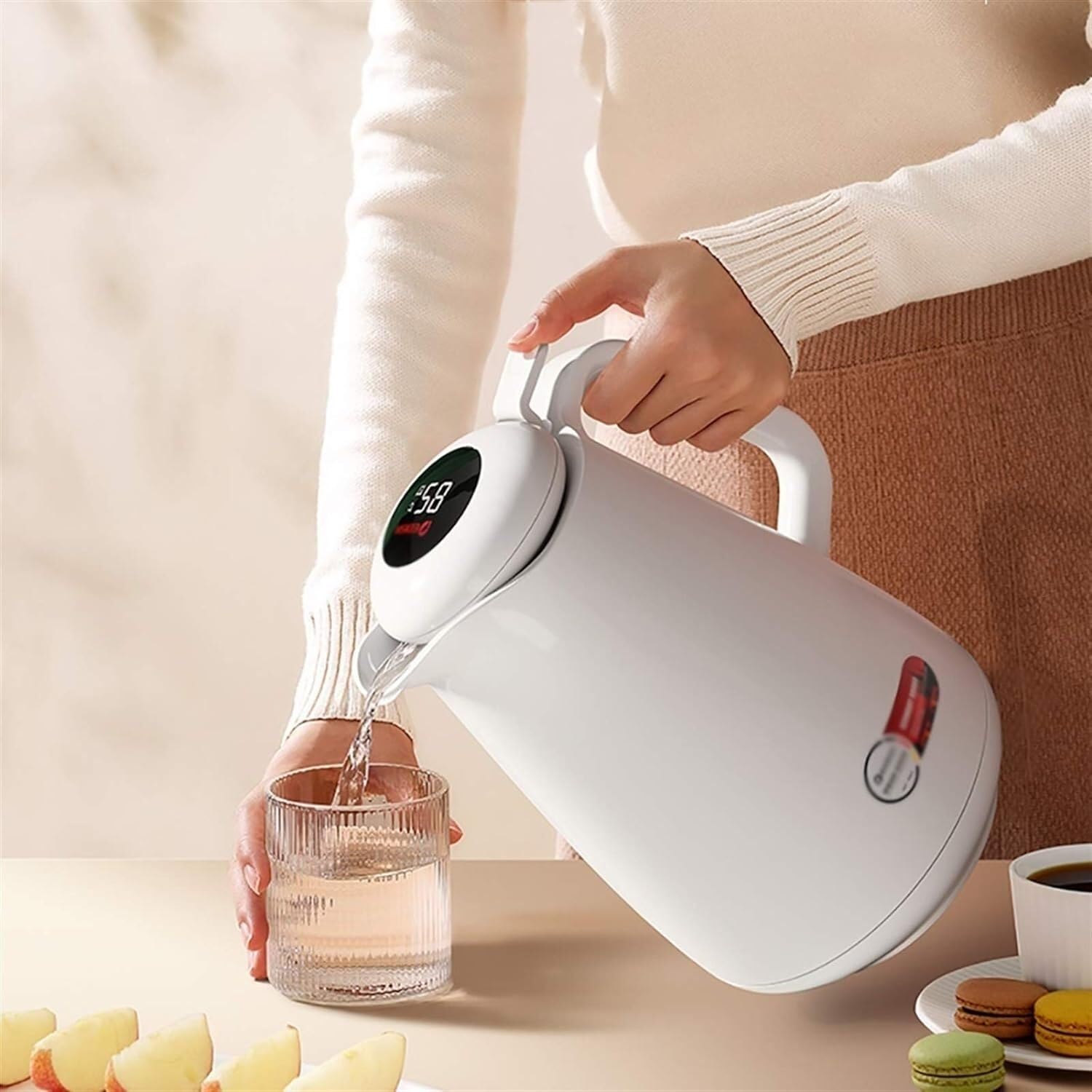 Termiczna karafka do kawy dzbanek do herbaty z pokrywką – dzbanek termiczny 1,5 l – szklana wkładka z wyświetlaczem temperatury – zatrzymywanie ciepła przez 24 godziny (różowy)
