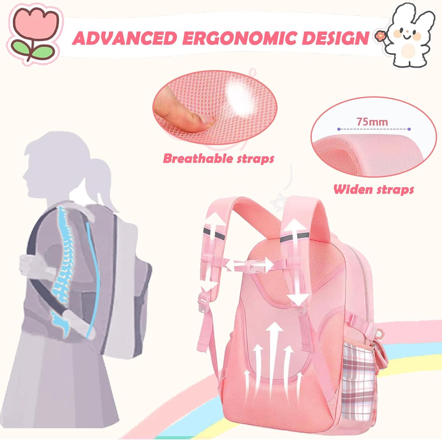 Girls Backpack,Cute School Backpack for Girls Kids Teens,Kawaii Bookbag for Primary Elementary,White - Image 6