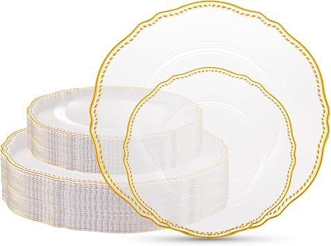 Hioasis 120pcs clear and Gold Plastic Plates - clear Disposable Dinnerware Set, 60pcs Dinner 10.25in & 60pcs Dessert 7.5in Plates with Striped Designs for Party & Wedding
