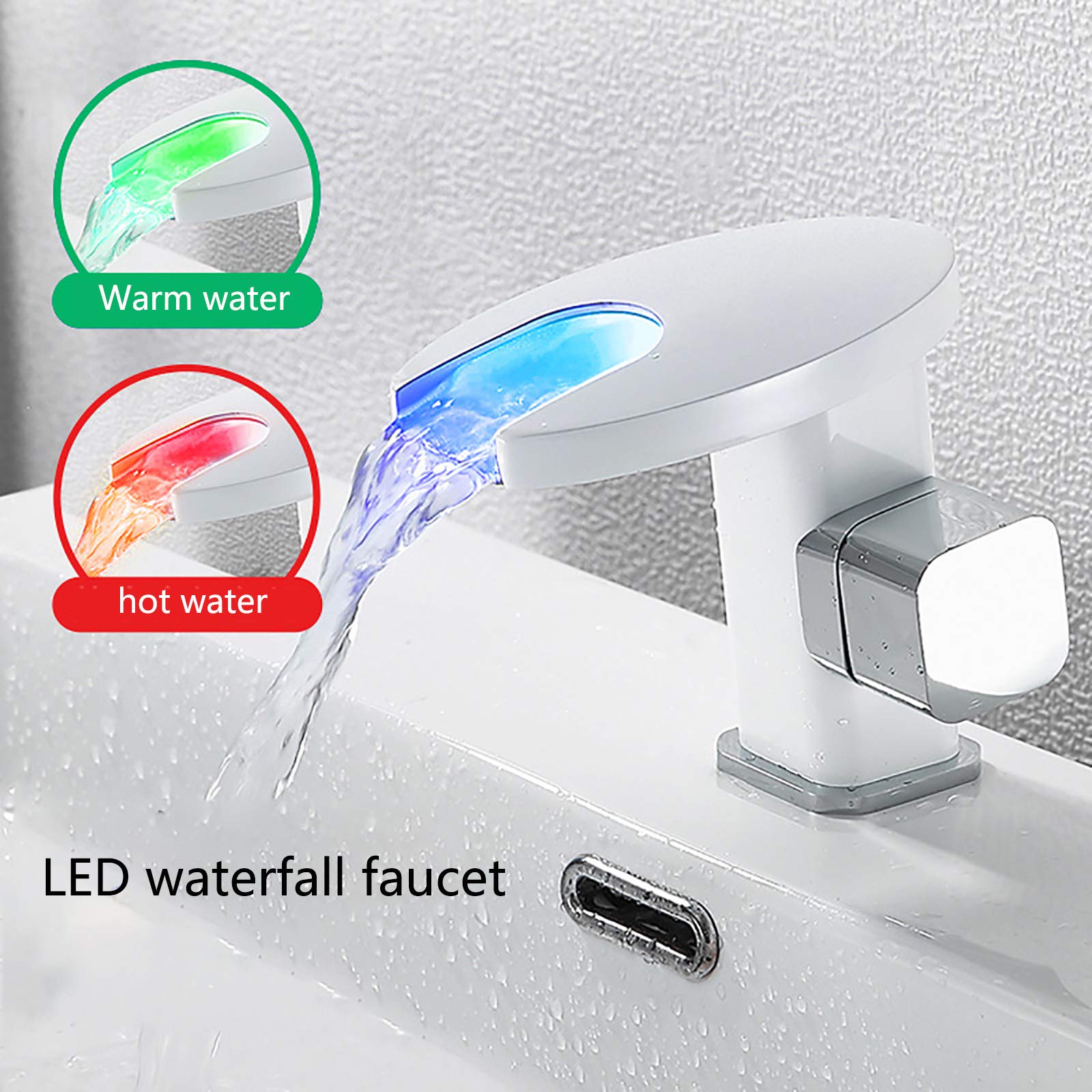 LED Mitigeur Lavabo Cascade, Robinet Salle de Bain en Laiton Robinet Lavabo Monocommande Robinetterie Vasque, Robinet Vasque avec Eau Chaude et Froide,d'or