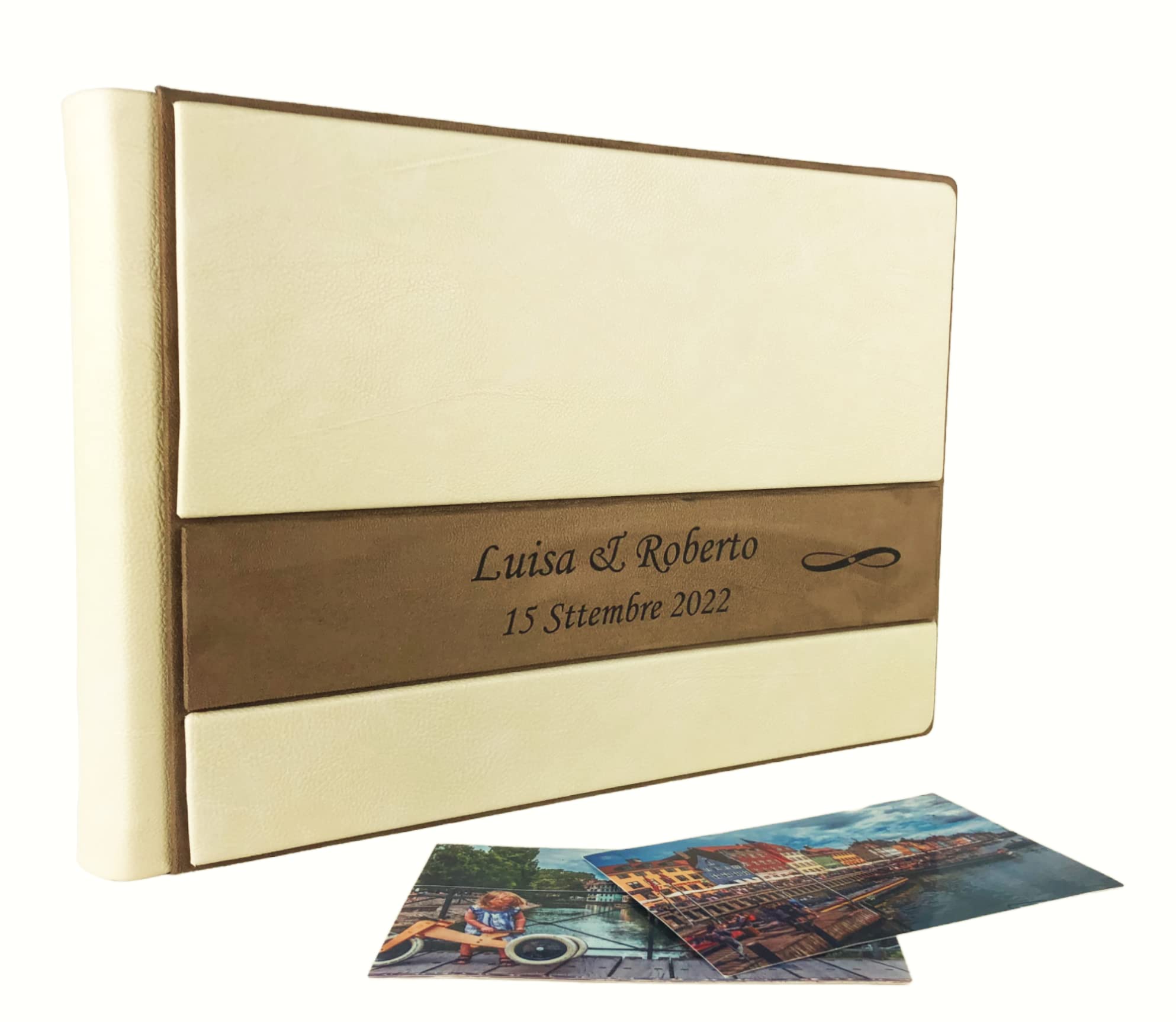 TriVin Art Album Fotografico Artigianale in Alcantara e Similpelle, Personalizzabile con Incisione. Ideale per Qualsiasi Evento. (Beige/Camel)