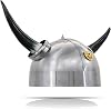 Steel Viking Warrior Armor Barbarian Medieval Helmet wBuffalo Horns and Brass Trim, 8.5"