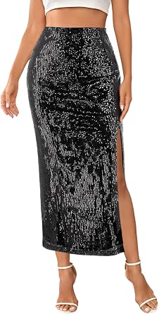 Segreto Womens Sequin Maxi Skirt High Waist Split Hem Sparkle Bodycon Midi Long Pencil Fishtail Skirts Party Cocktail