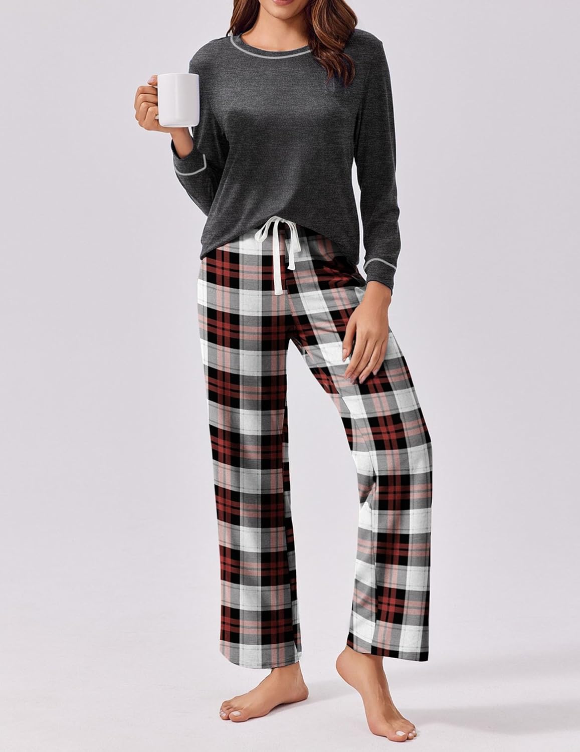 Ekouaer Womens 2 Piece Pajama Set Long Sleeve PJs with Plaid Pants Drawstring Elastic Waist Sleepwear Lounge Set - Image 2