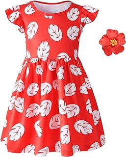 Little Girls Costume Dress with 4inch Hawaiian Red Flower Hair Clip Toddler Red Leaf Dress Halloween Cosplay Outfit - Buy now