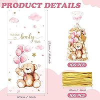 Vista 2 de Maitys 100 bolsas de celofán de oso para baby shower, bolsas de plástico para dulces con 100 lazos dorados, bolsas de regalo para revelación de Rosa